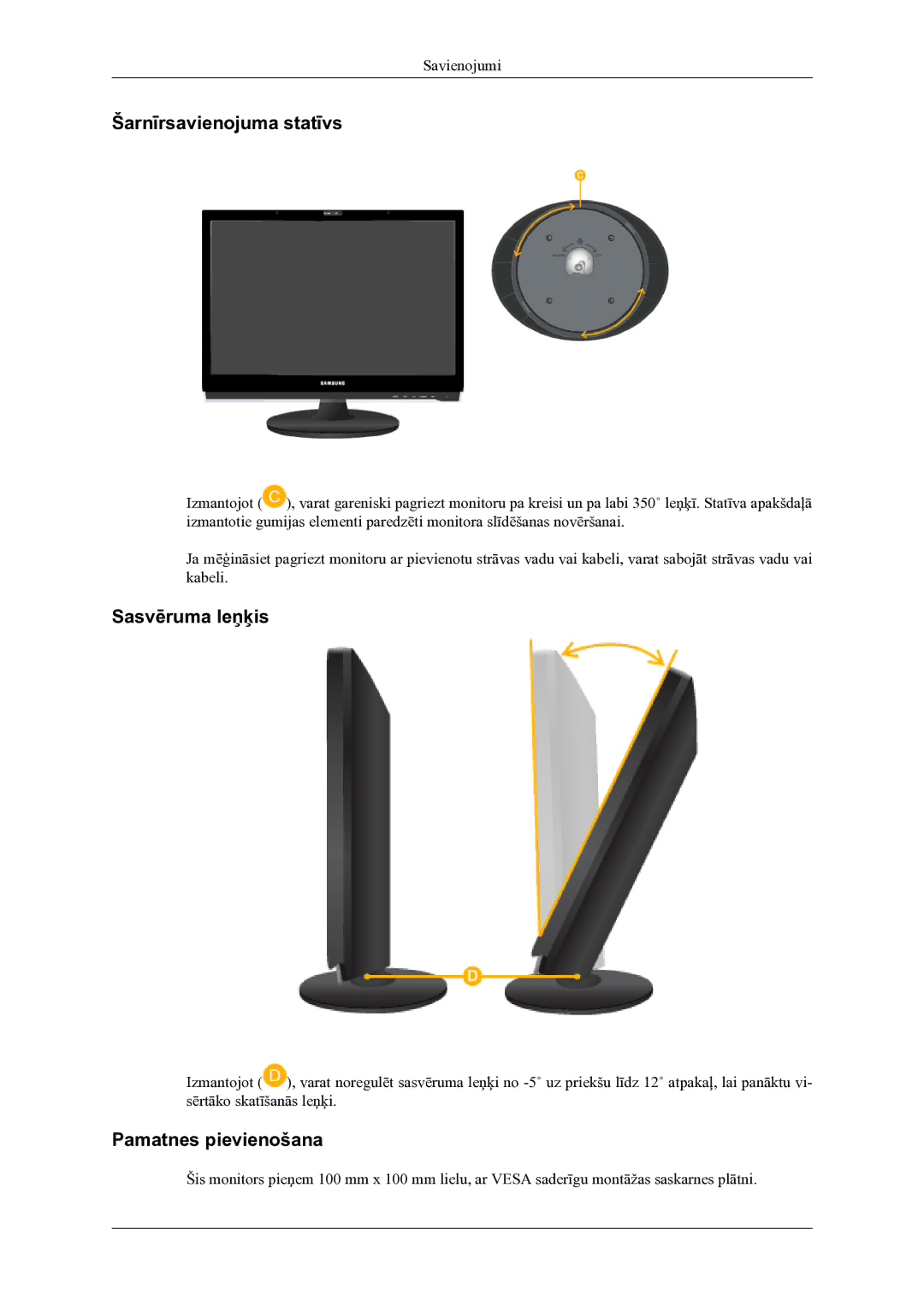 Samsung LS22LDPJFV/EN manual Šarnīrsavienojuma statīvs, Sasvēruma leņķis, Pamatnes pievienošana 