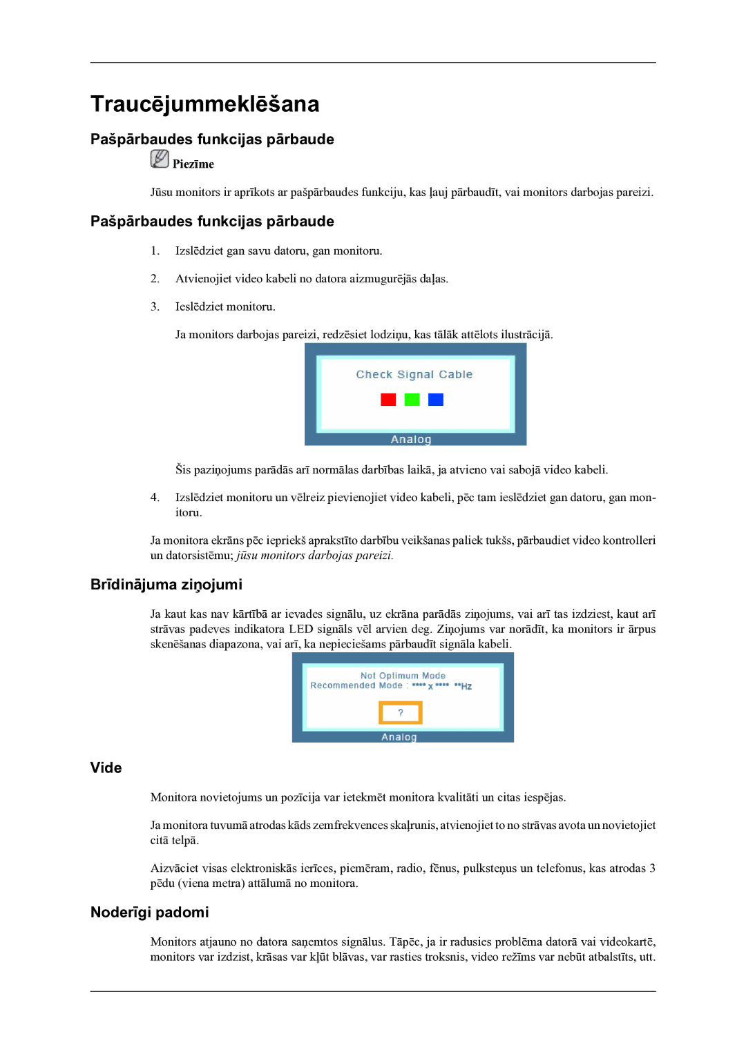 Samsung LS22LDPJFV/EN Traucējummeklēšana, Pašpārbaudes funkcijas pārbaude, Brīdinājuma ziņojumi, Vide, Noderīgi padomi 