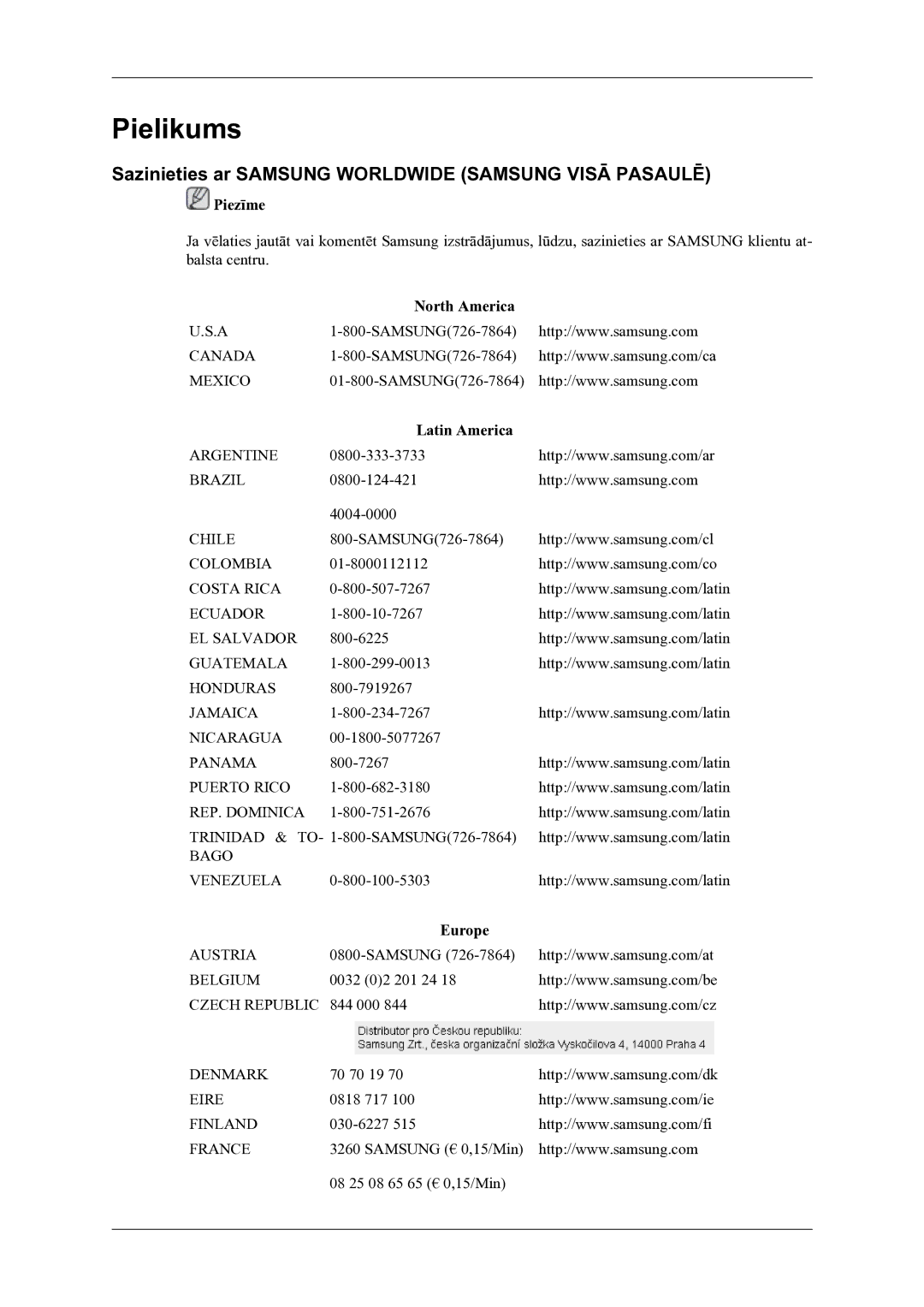 Samsung LS22LDPJFV/EN manual Pielikums, Sazinieties ar Samsung Worldwide Samsung Visā Pasaulē, North America, Latin America 