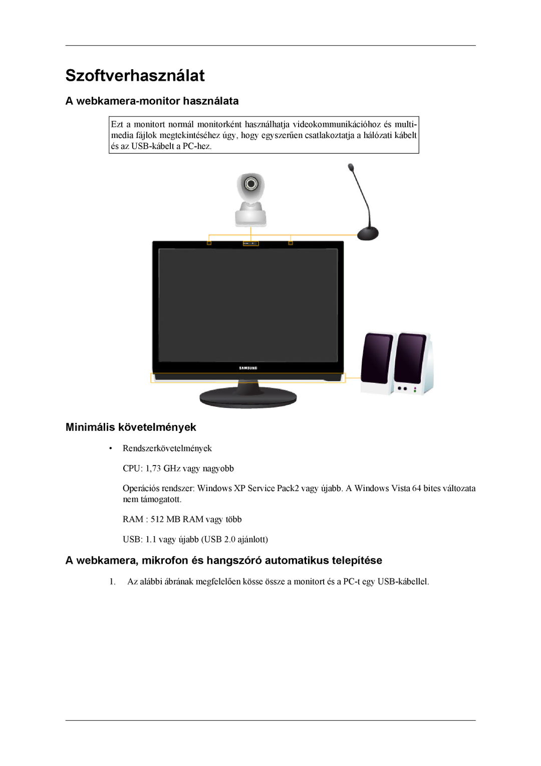 Samsung LS22LDPJFV/EN manual Webkamera-monitor használata, Minimális követelmények 