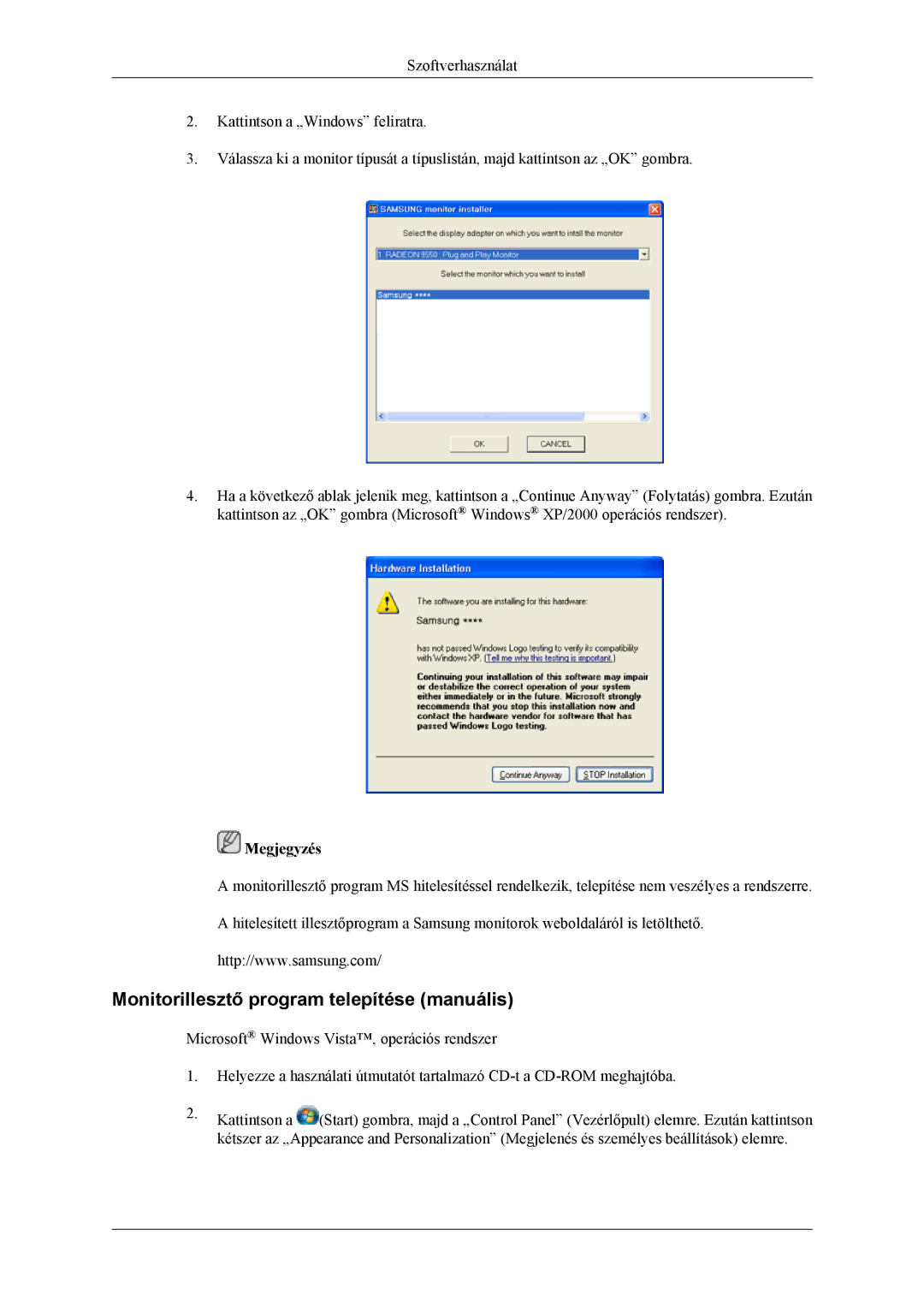 Samsung LS22LDPJFV/EN manual Monitorillesztő program telepítése manuális 