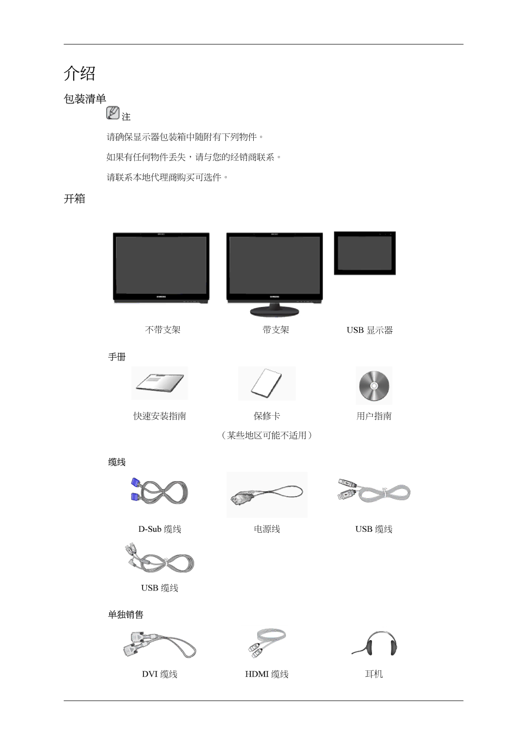 Samsung LS22LDPJFV/EN manual 包装清单, Usb 显示器, Sub 缆线, Usb 缆线, DVI 缆线 Hdmi 缆线 