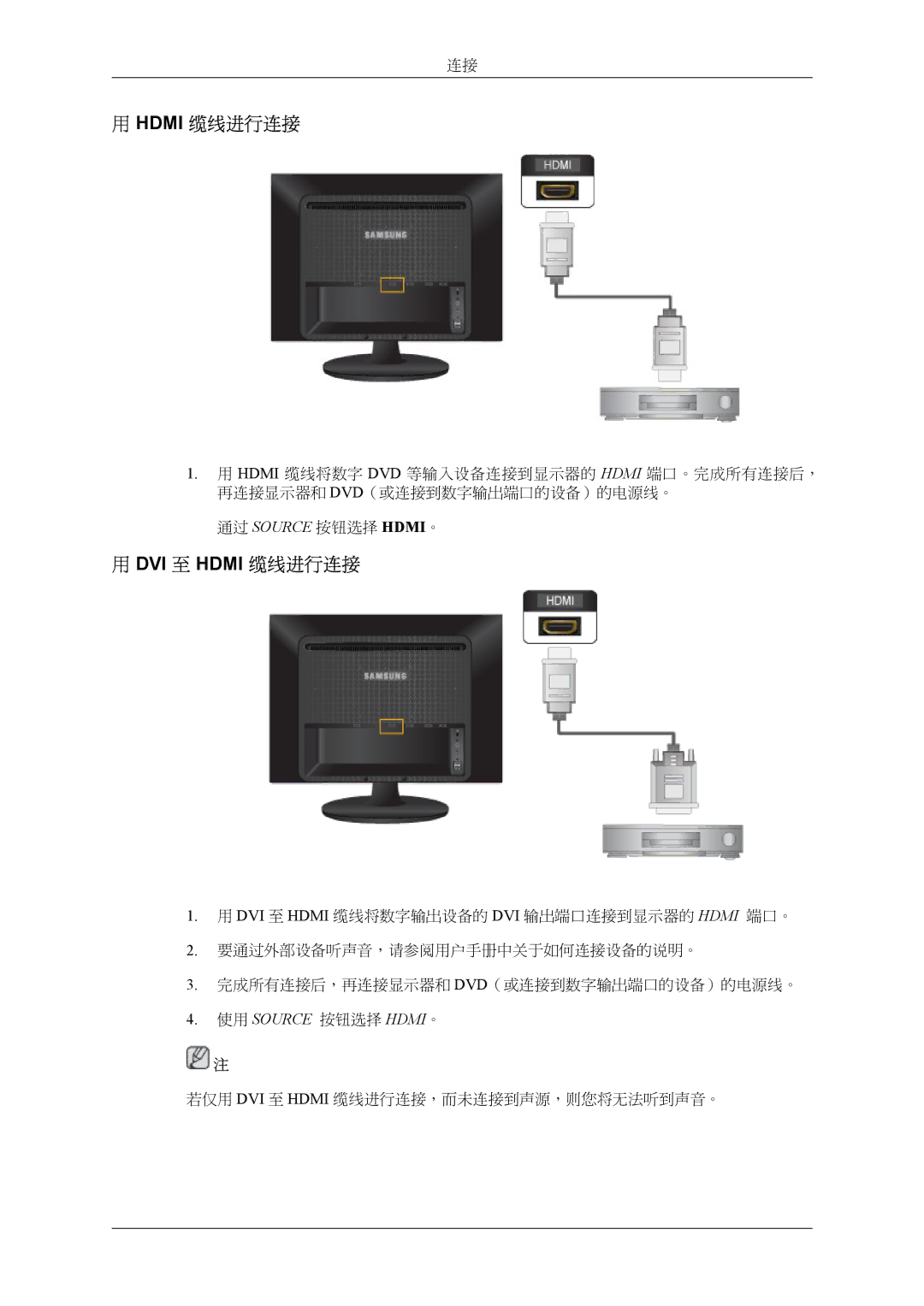 Samsung LS22LDPJFV/EN manual DVI 至 Hdmi 缆线进行连接 