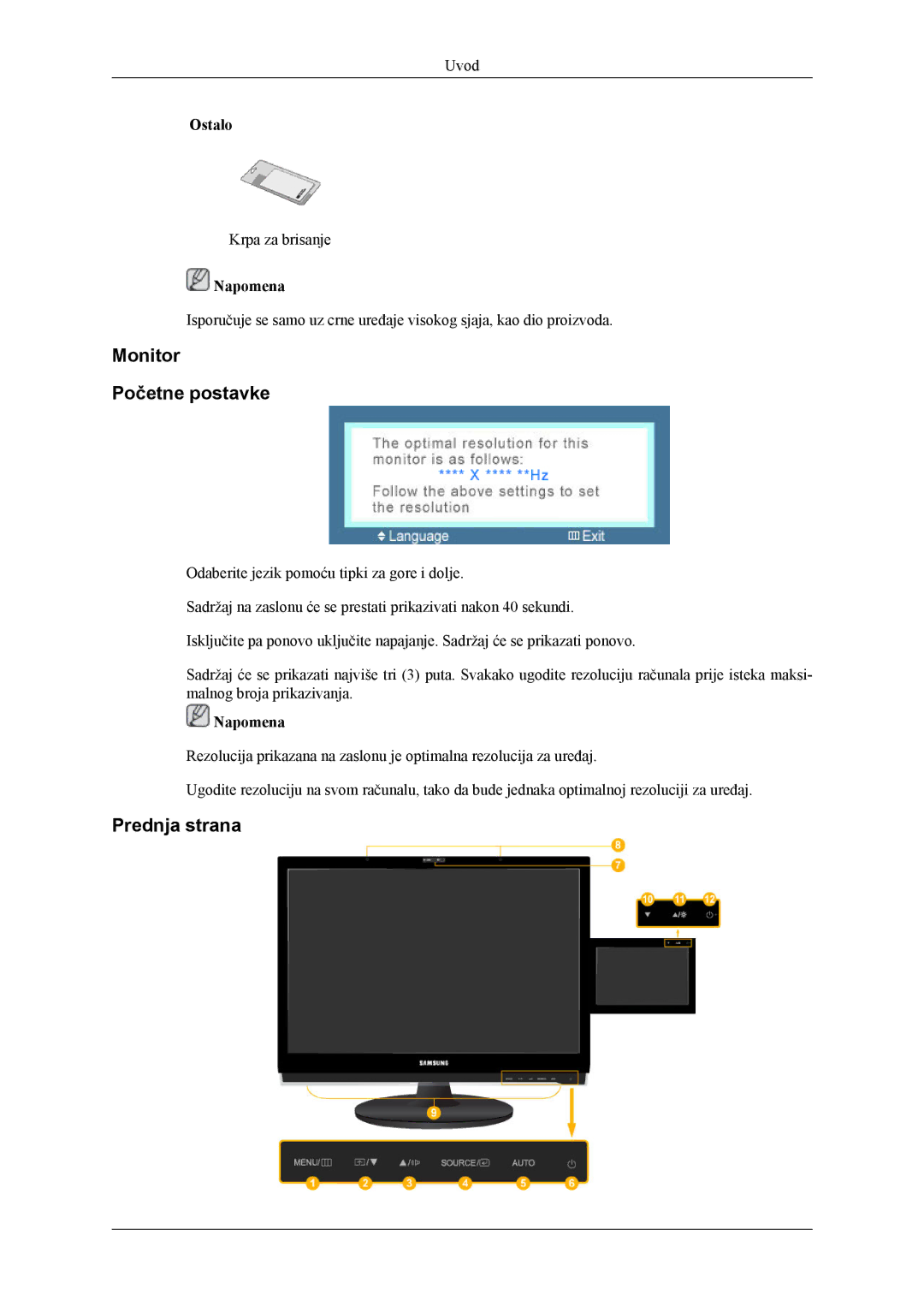 Samsung LS22LDPJFV/EN manual Monitor Početne postavke, Prednja strana, Ostalo 