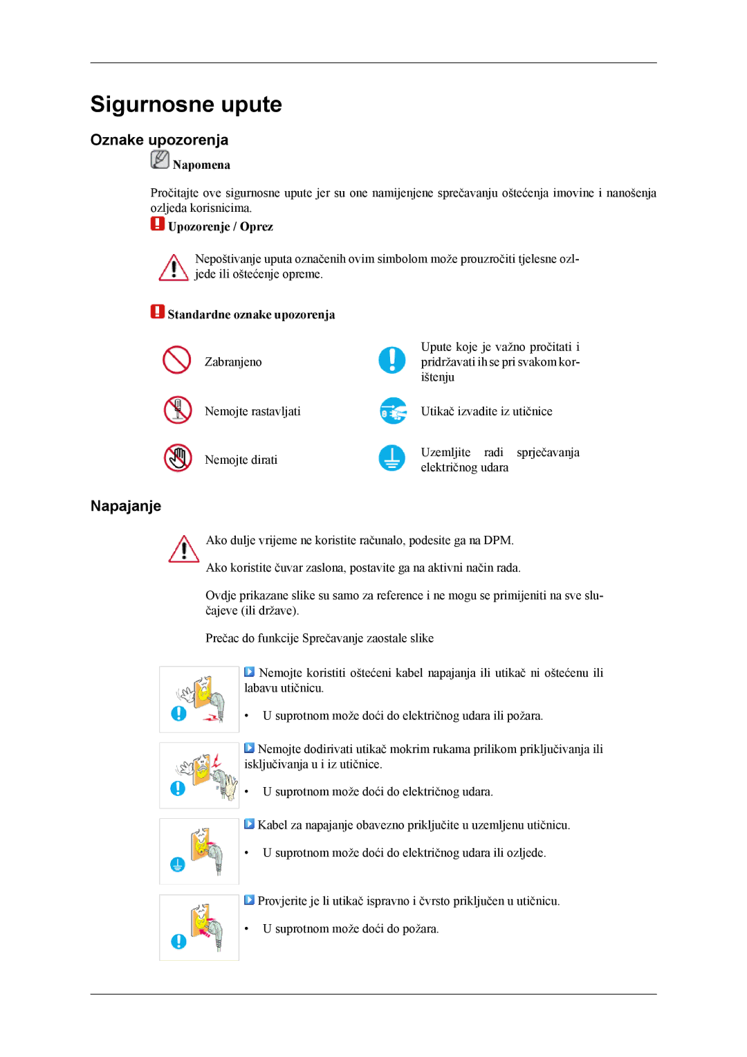 Samsung LS22LDPJFV/EN manual Sigurnosne upute, Oznake upozorenja, Napajanje 