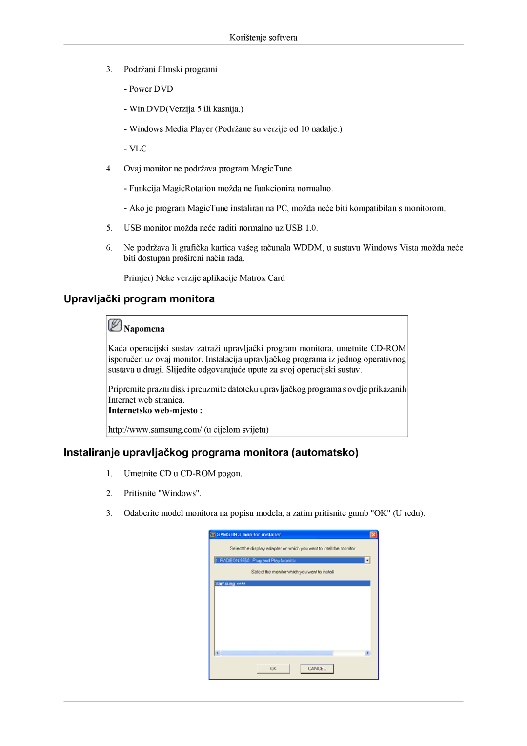 Samsung LS22LDPJFV/EN manual Upravljački program monitora, Instaliranje upravljačkog programa monitora automatsko 