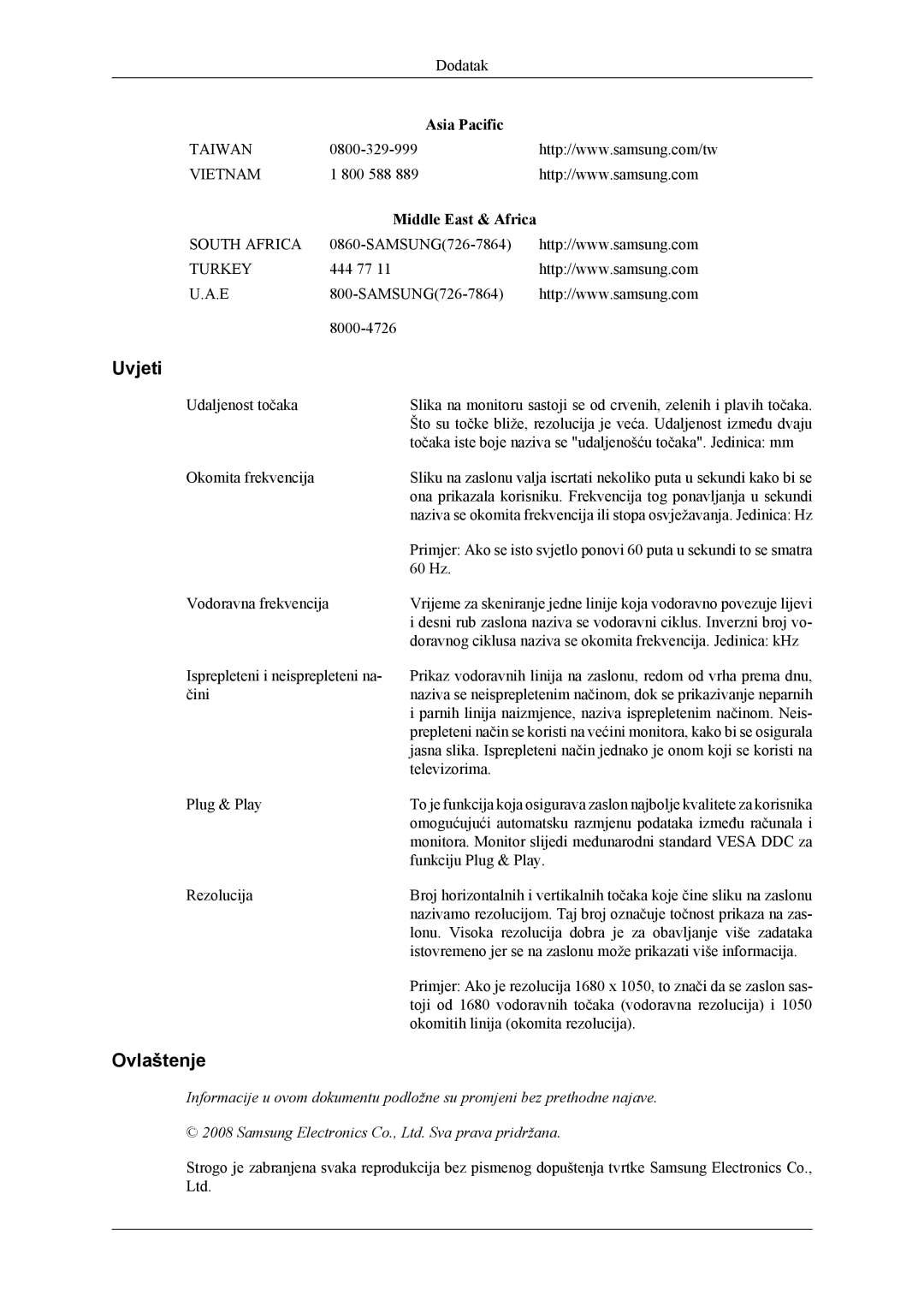 Samsung LS22LDPJFV/EN manual Uvjeti, Ovlaštenje, Middle East & Africa 