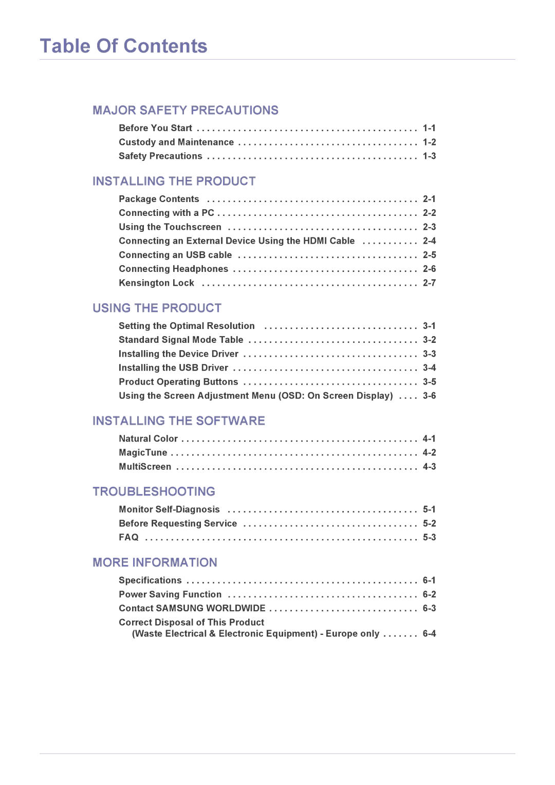 Samsung LS22LFTGF/EN, LS22LFTGF3/EN manual Table Of Contents 