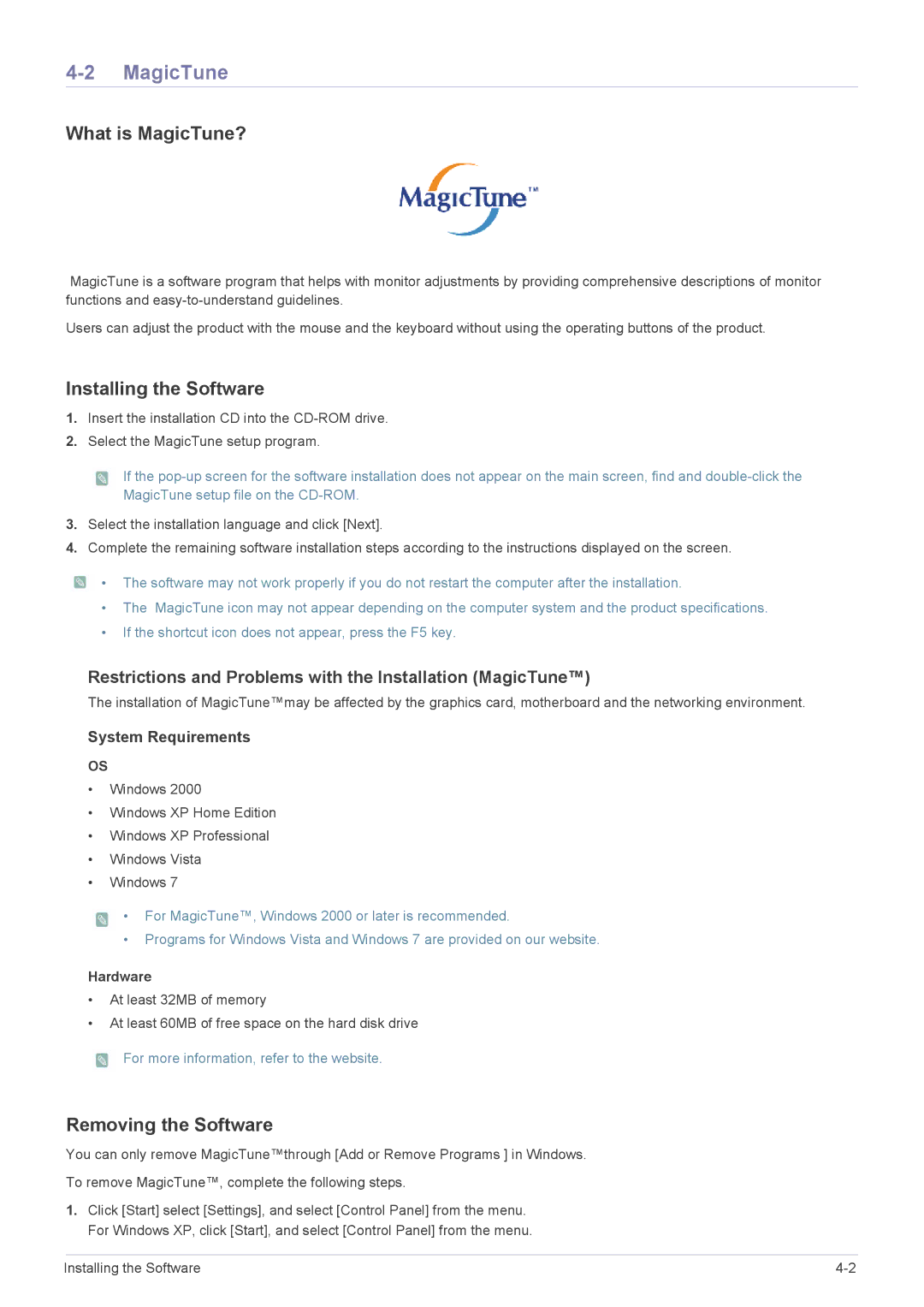 Samsung LS22LFTGF3/EN, LS22LFTGF/EN manual What is MagicTune?, Installing the Software, Removing the Software, Hardware 