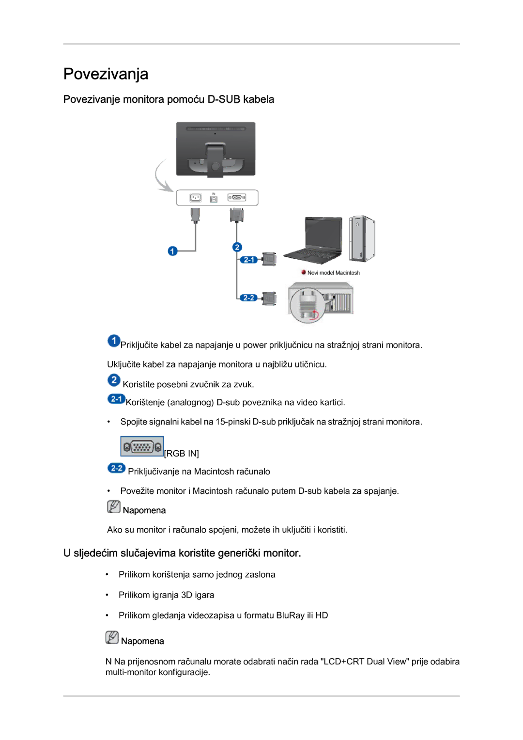 Samsung LS22LFUGF/EN manual Povezivanja, Povezivanje monitora pomoću D-SUB kabela 