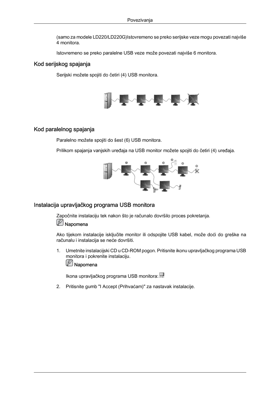 Samsung LS22LFUGF/EN manual Kod serijskog spajanja, Kod paralelnog spajanja, Instalacija upravljačkog programa USB monitora 