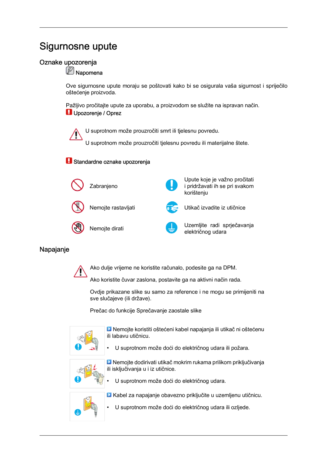 Samsung LS22LFUGF/EN manual Sigurnosne upute, Oznake upozorenja, Napajanje 