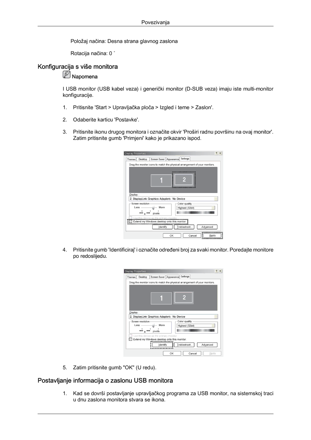 Samsung LS22LFUGF/EN manual Konfiguracija s više monitora, Postavljanje informacija o zaslonu USB monitora 