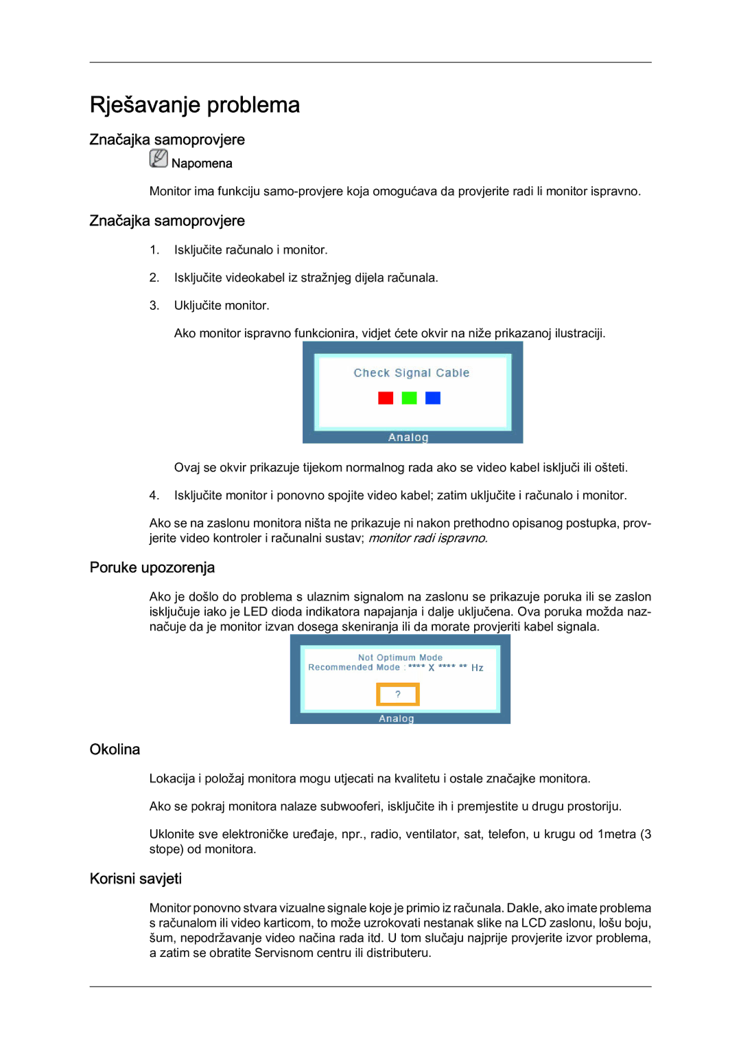 Samsung LS22LFUGF/EN manual Rješavanje problema, Značajka samoprovjere, Poruke upozorenja, Okolina, Korisni savjeti 