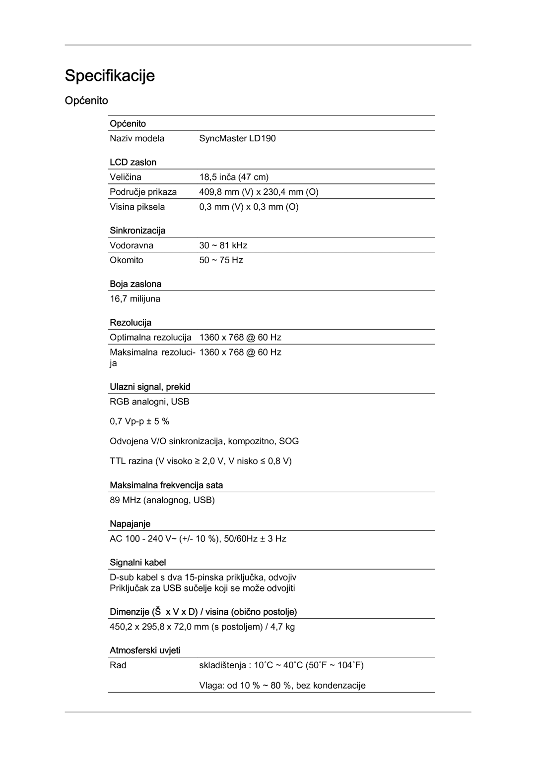 Samsung LS22LFUGF/EN manual Specifikacije, Općenito 