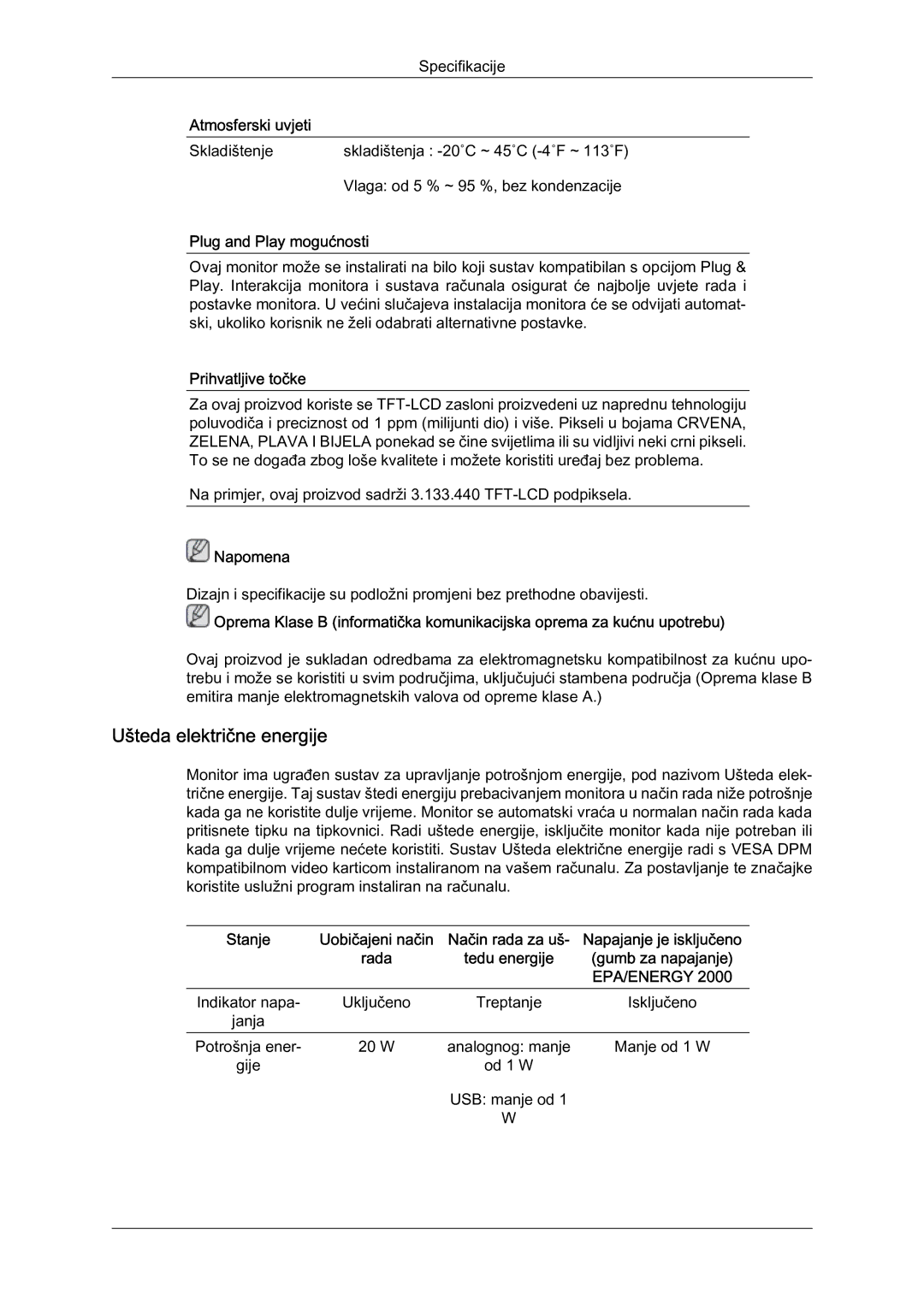 Samsung LS22LFUGF/EN manual Ušteda električne energije, Plug and Play mogućnosti, Prihvatljive točke 