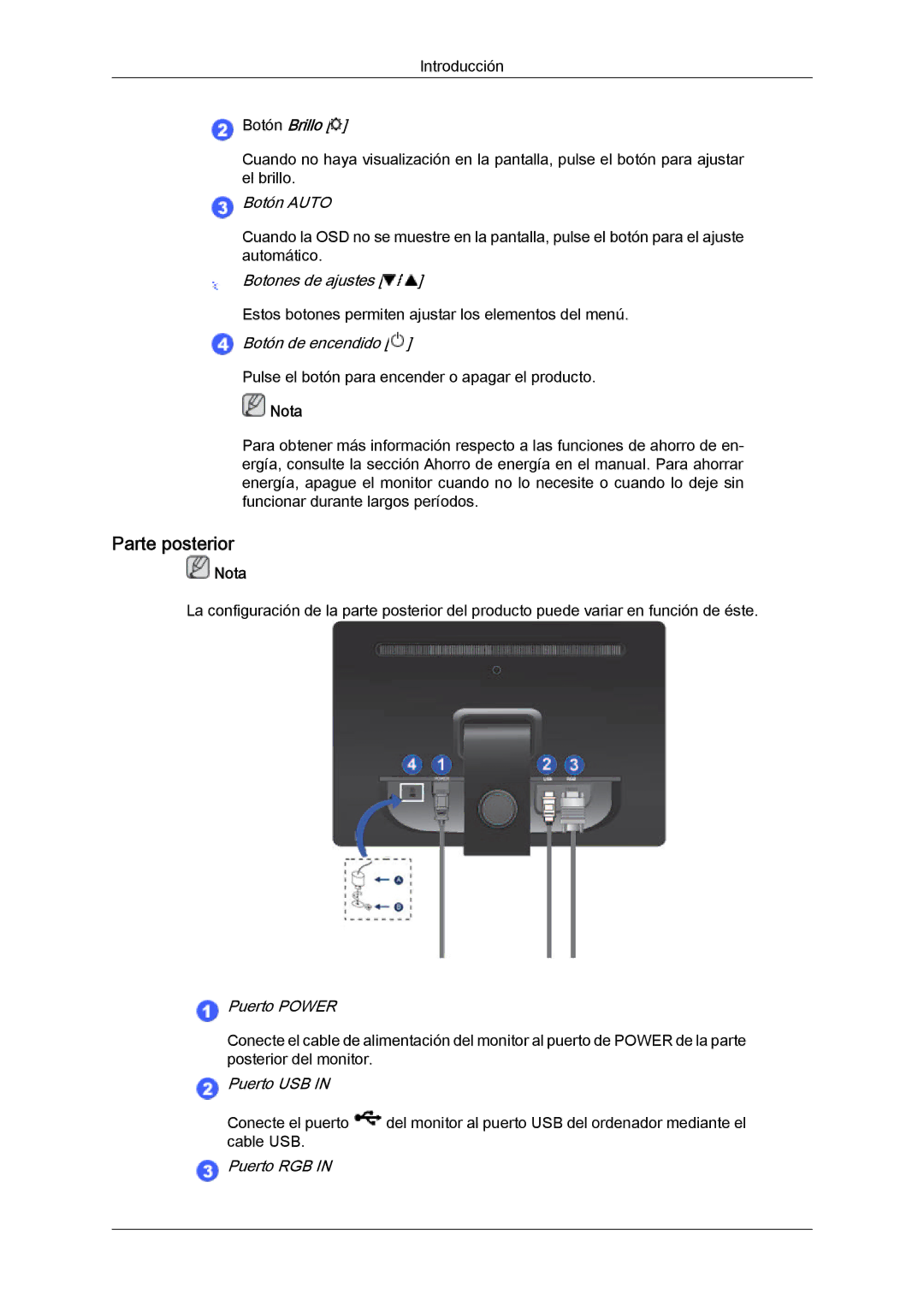 Samsung LS22LFUGFY/EN, LS19LFUGF/EN, LS22LFUGF/EN manual Parte posterior, Puerto Power 