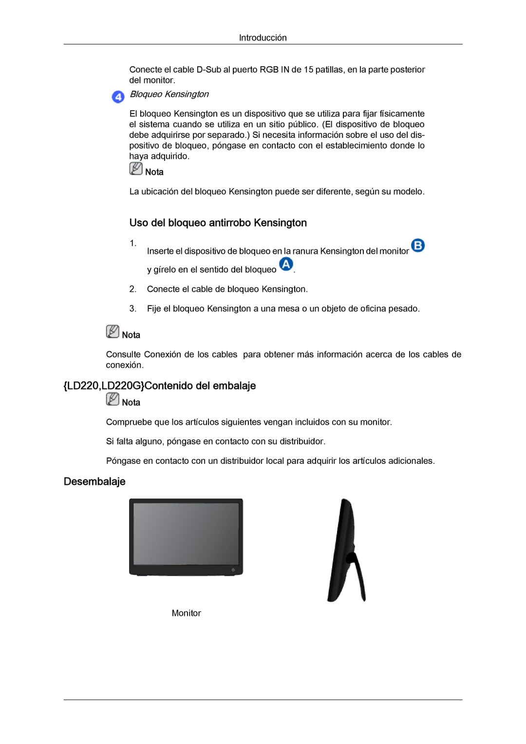 Samsung LS19LFUGF/EN, LS22LFUGFY/EN, LS22LFUGF/EN Uso del bloqueo antirrobo Kensington, LD220,LD220GContenido del embalaje 