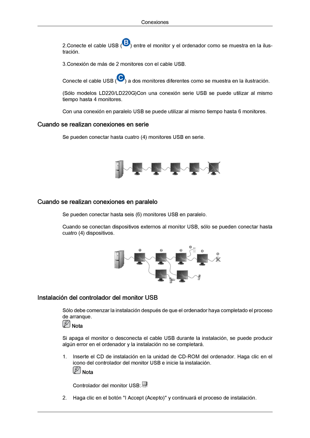 Samsung LS22LFUGF/EN, LS22LFUGFY/EN manual Cuando se realizan conexiones en serie, Cuando se realizan conexiones en paralelo 