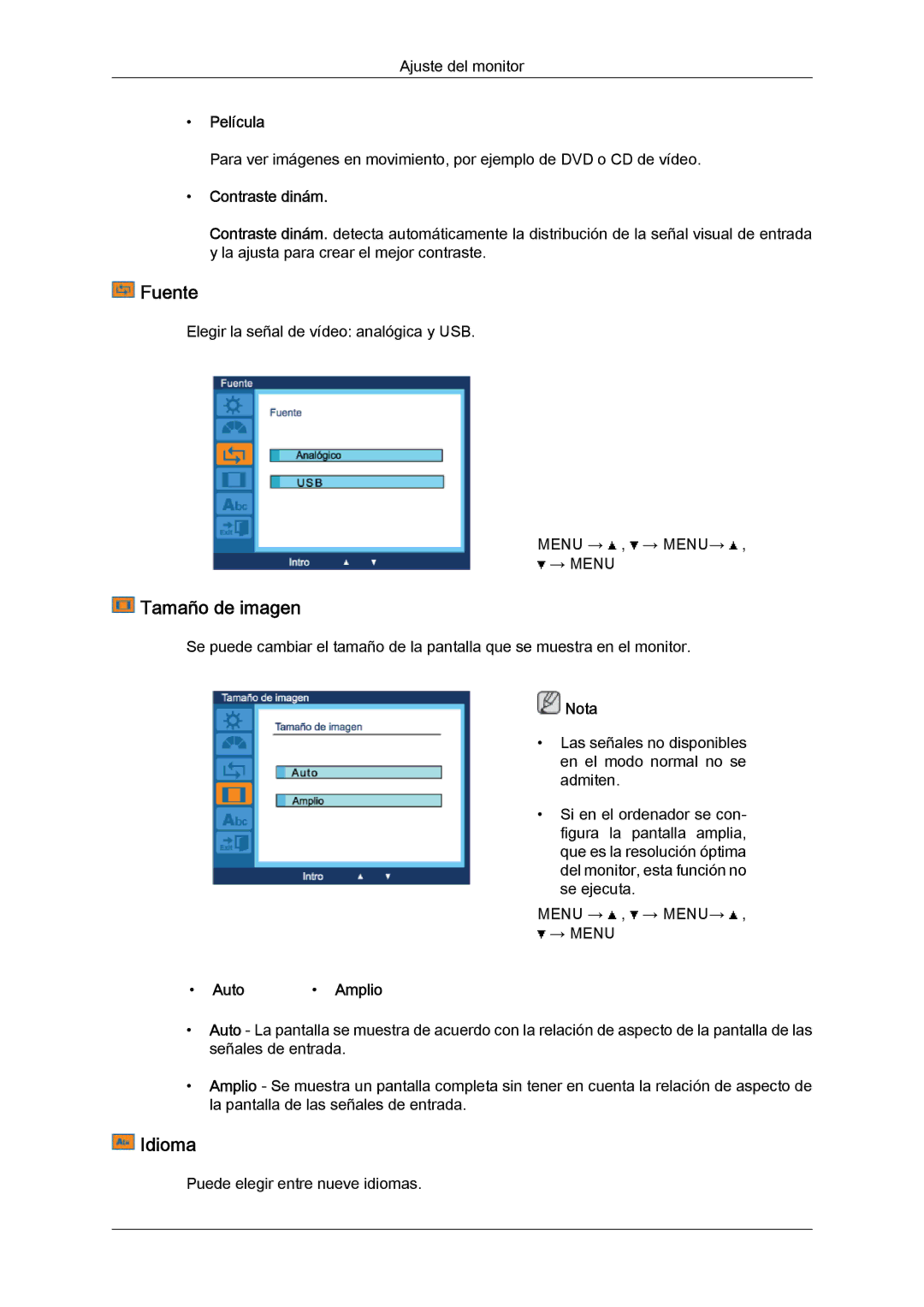 Samsung LS22LFUGFY/EN, LS19LFUGF/EN, LS22LFUGF/EN manual Fuente, Tamaño de imagen, Idioma 