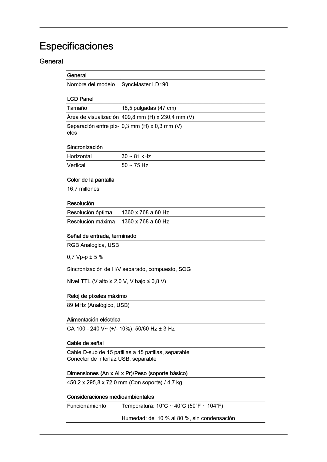 Samsung LS22LFUGF/EN, LS22LFUGFY/EN, LS19LFUGF/EN manual Especificaciones, General 