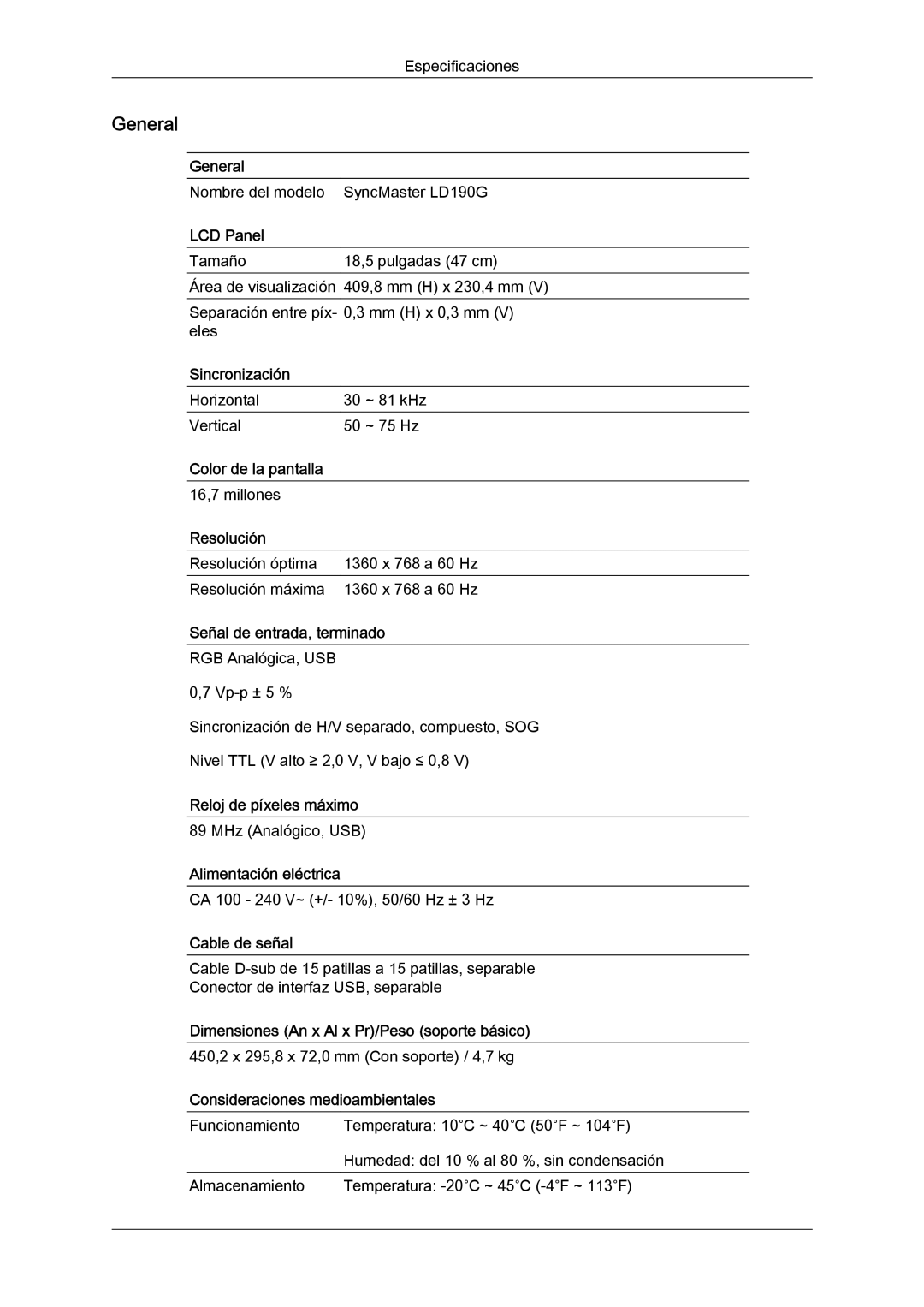 Samsung LS22LFUGF/EN, LS22LFUGFY/EN, LS19LFUGF/EN manual Nombre del modelo SyncMaster LD190G 