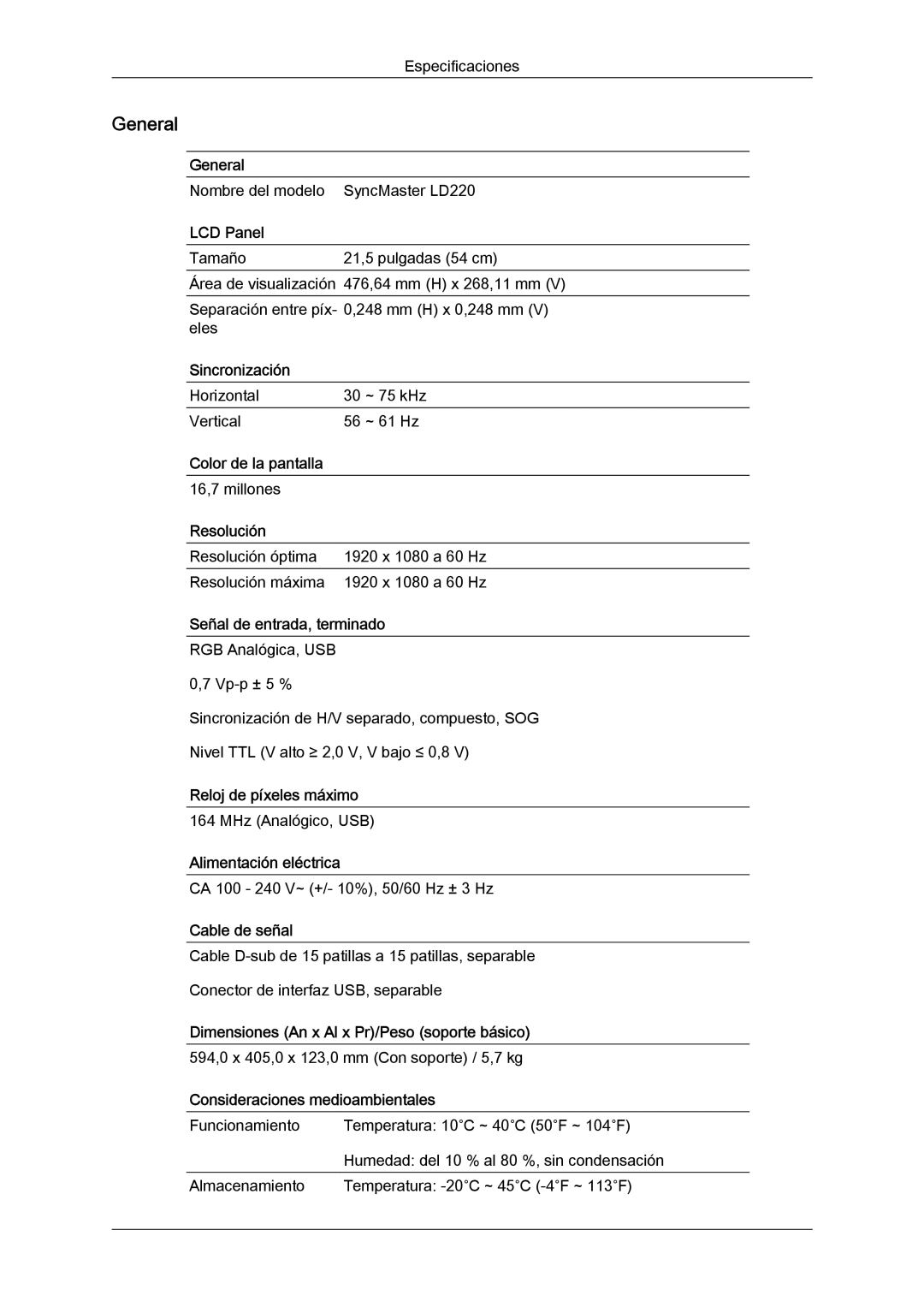 Samsung LS22LFUGF/EN, LS22LFUGFY/EN, LS19LFUGF/EN manual Nombre del modelo SyncMaster LD220 