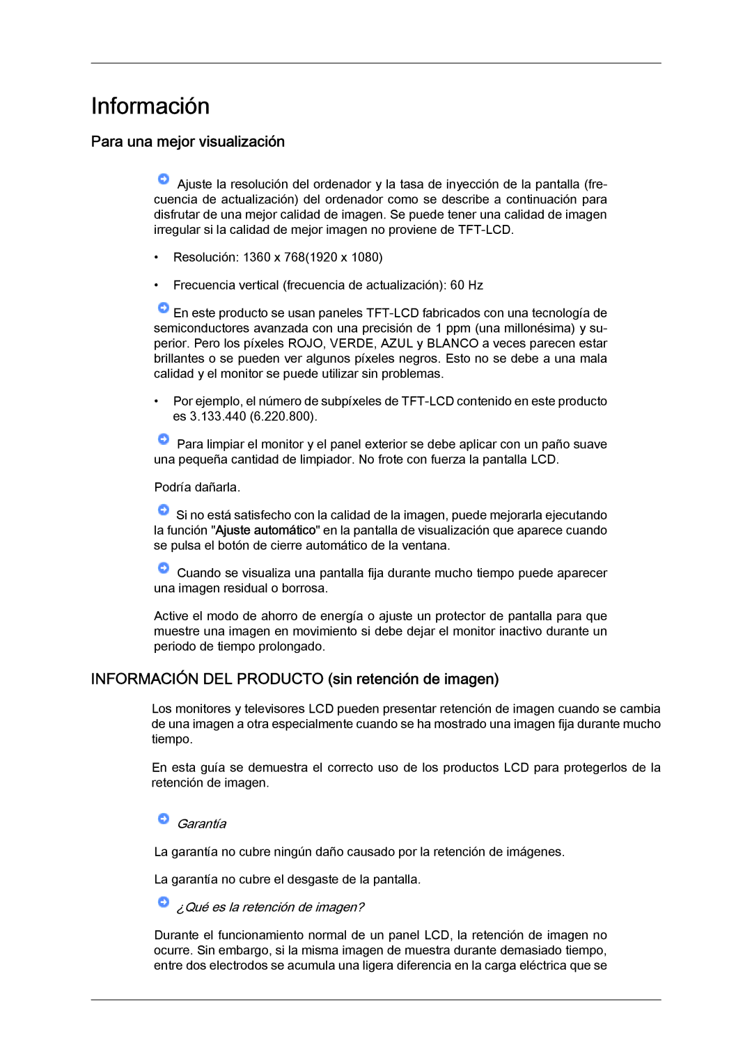 Samsung LS22LFUGF/EN, LS22LFUGFY/EN Para una mejor visualización, Información DEL Producto sin retención de imagen 