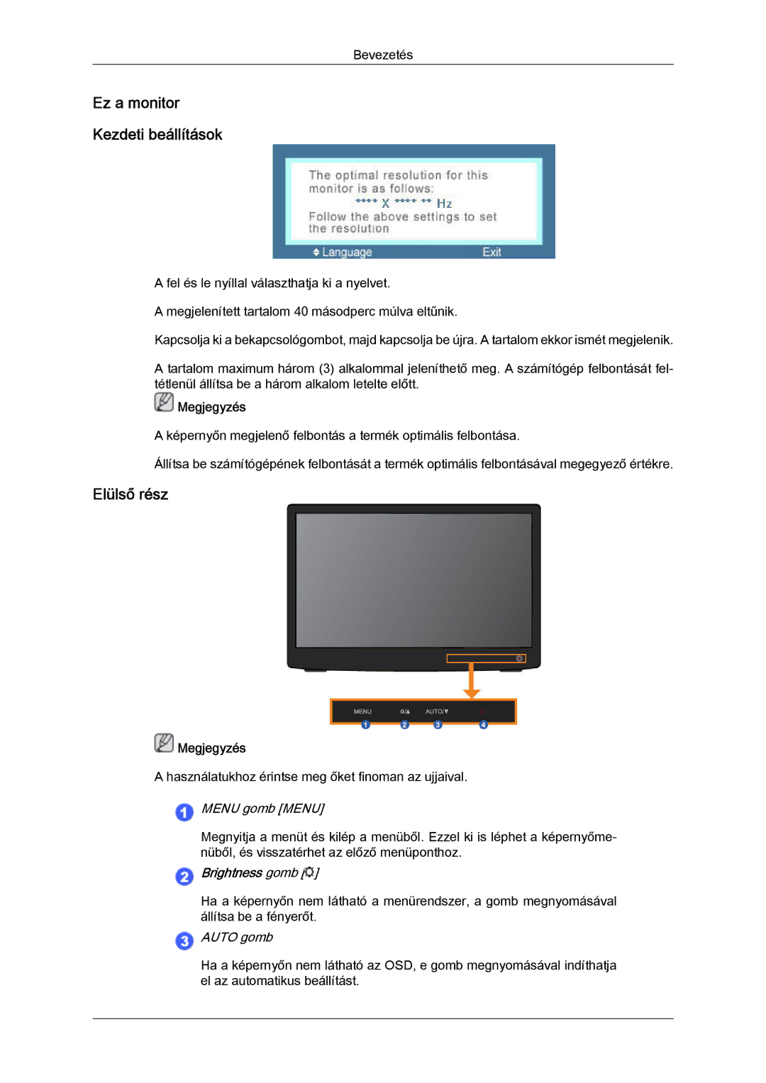 Samsung LS19LFUGF/EN, LS22LFUGFY/EN, LS22LFUGF/EN manual Ez a monitor Kezdeti beállítások, Elülső rész 