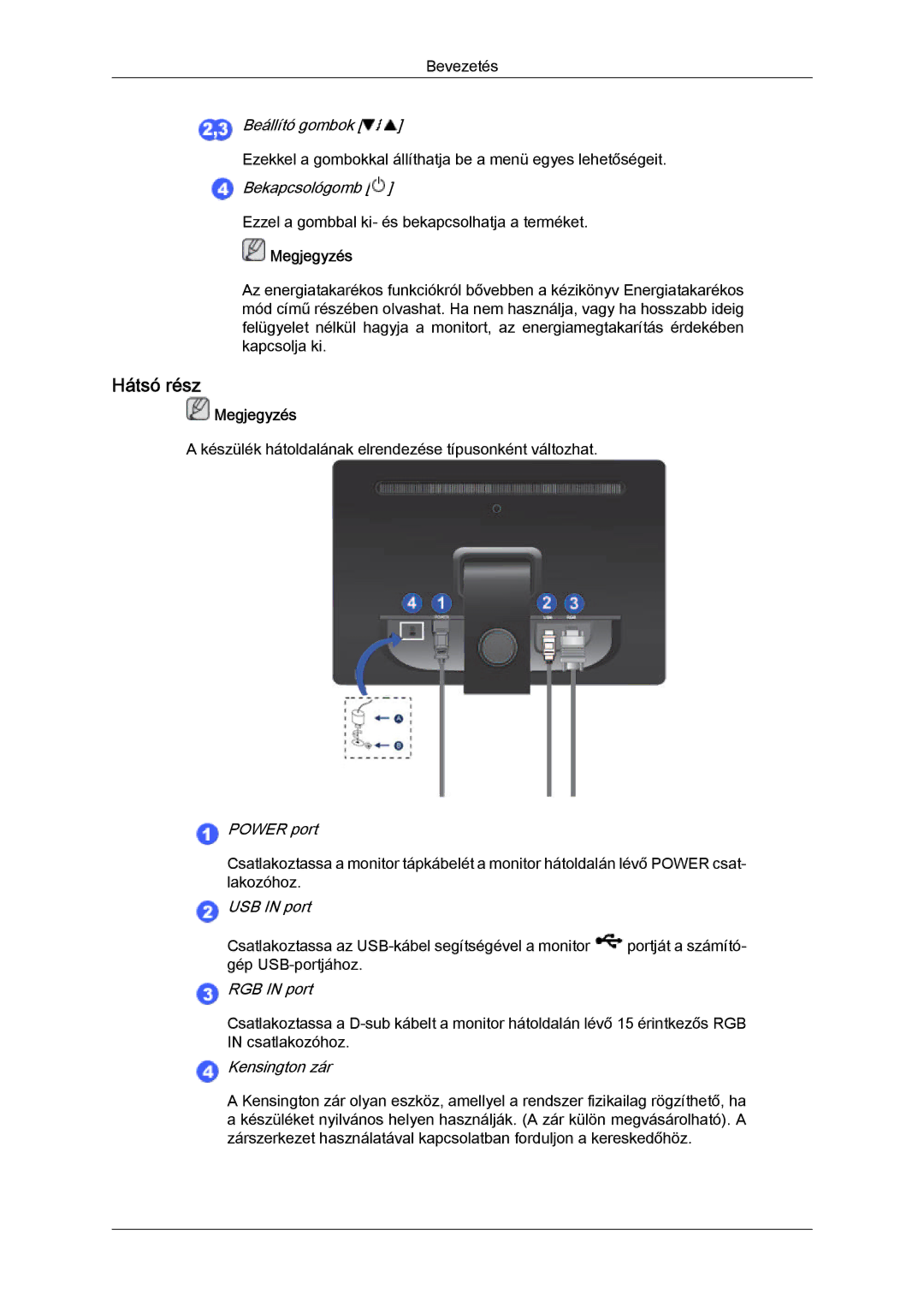 Samsung LS22LFUGF/EN, LS22LFUGFY/EN, LS19LFUGF/EN manual Hátsó rész, RGB in port 