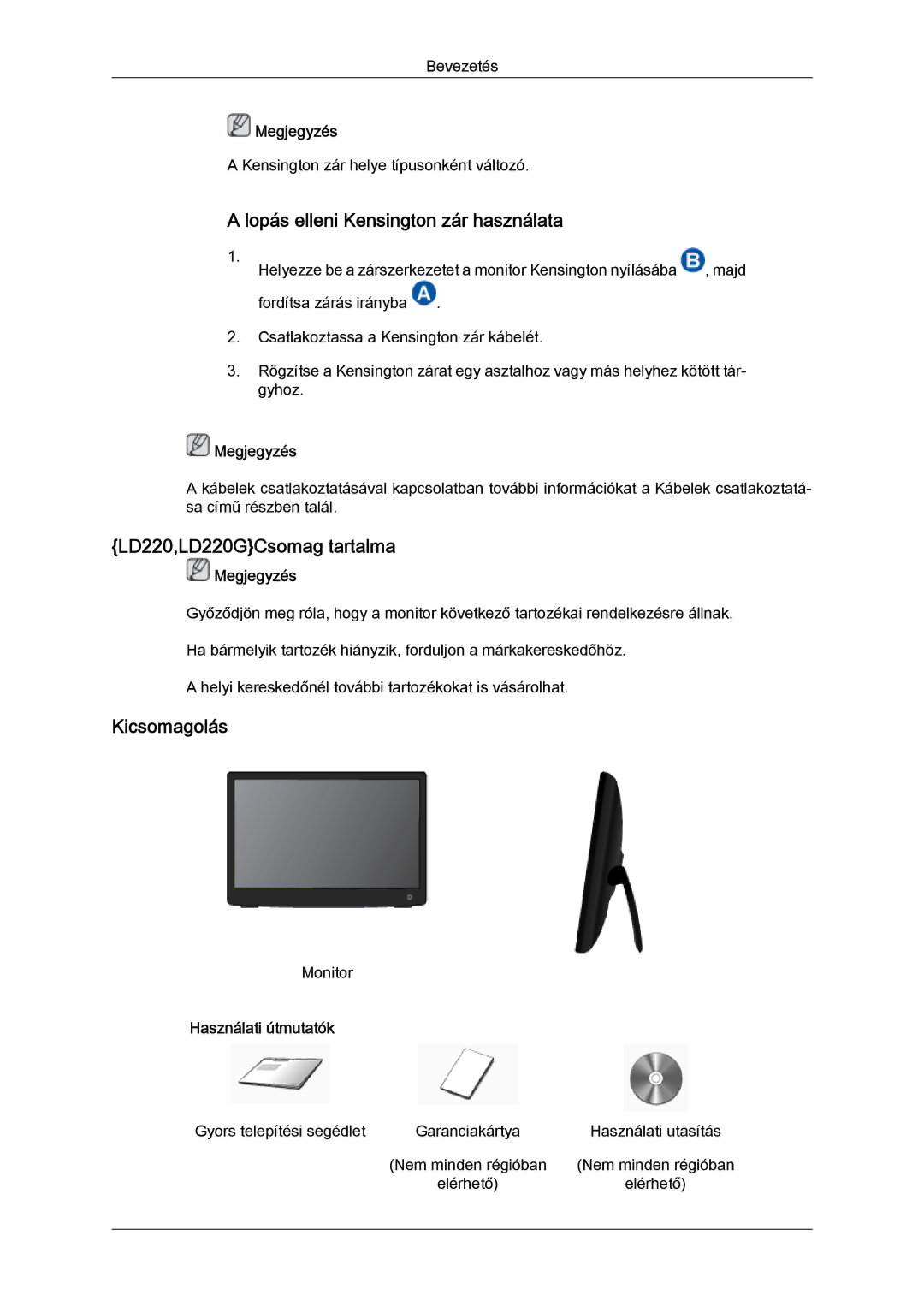 Samsung LS22LFUGFY/EN, LS19LFUGF/EN, LS22LFUGF/EN manual Lopás elleni Kensington zár használata, LD220,LD220GCsomag tartalma 