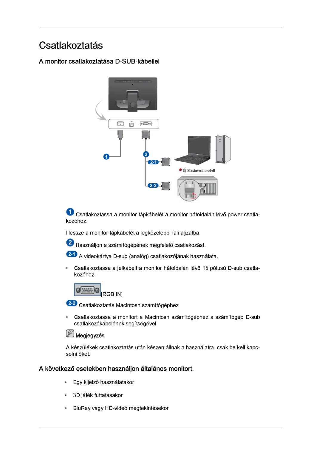 Samsung LS22LFUGF/EN, LS22LFUGFY/EN, LS19LFUGF/EN manual Csatlakoztatás, Monitor csatlakoztatása D-SUB-kábellel 