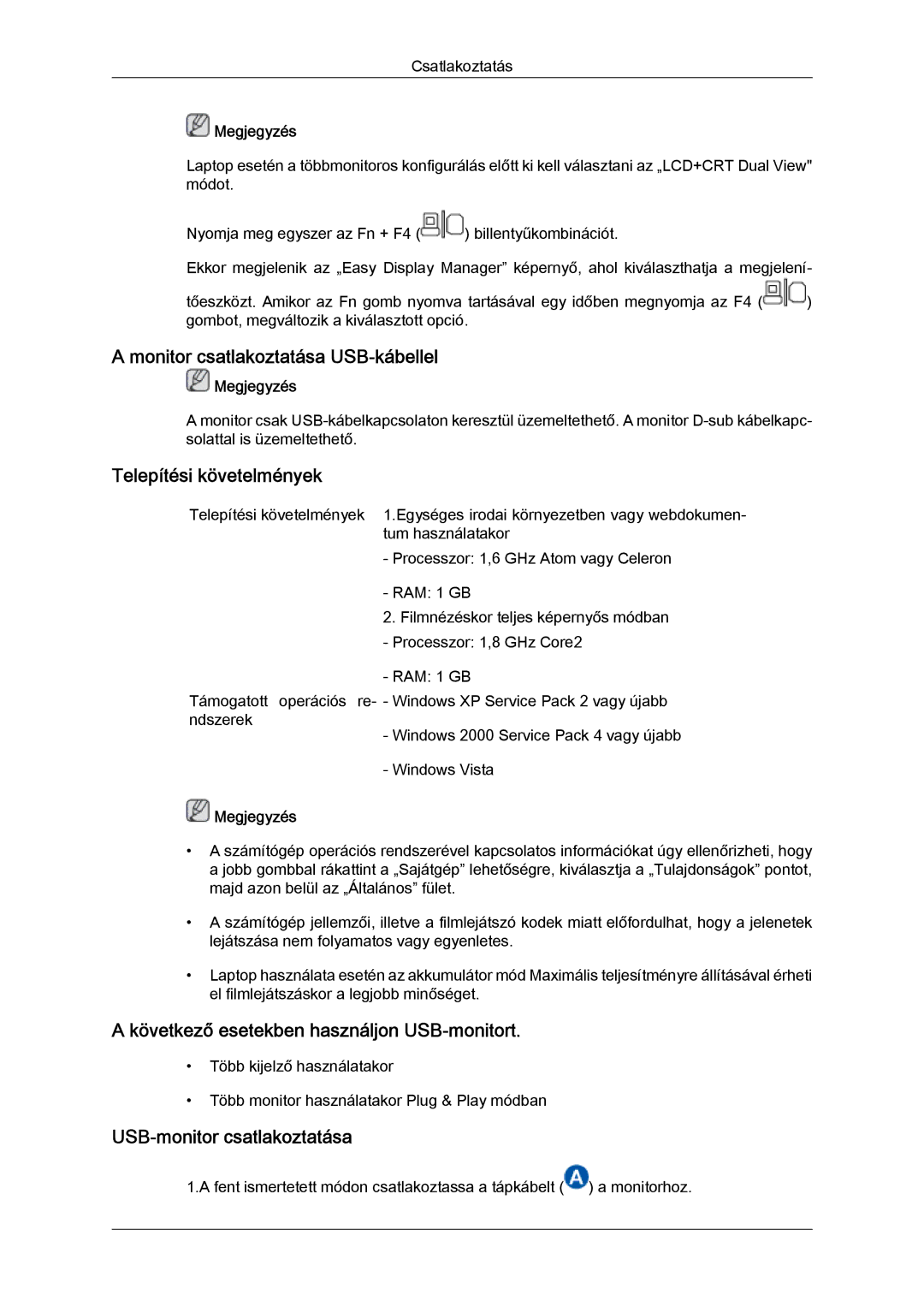 Samsung LS22LFUGFY/EN manual Monitor csatlakoztatása USB-kábellel, Telepítési követelmények, USB-monitor csatlakoztatása 