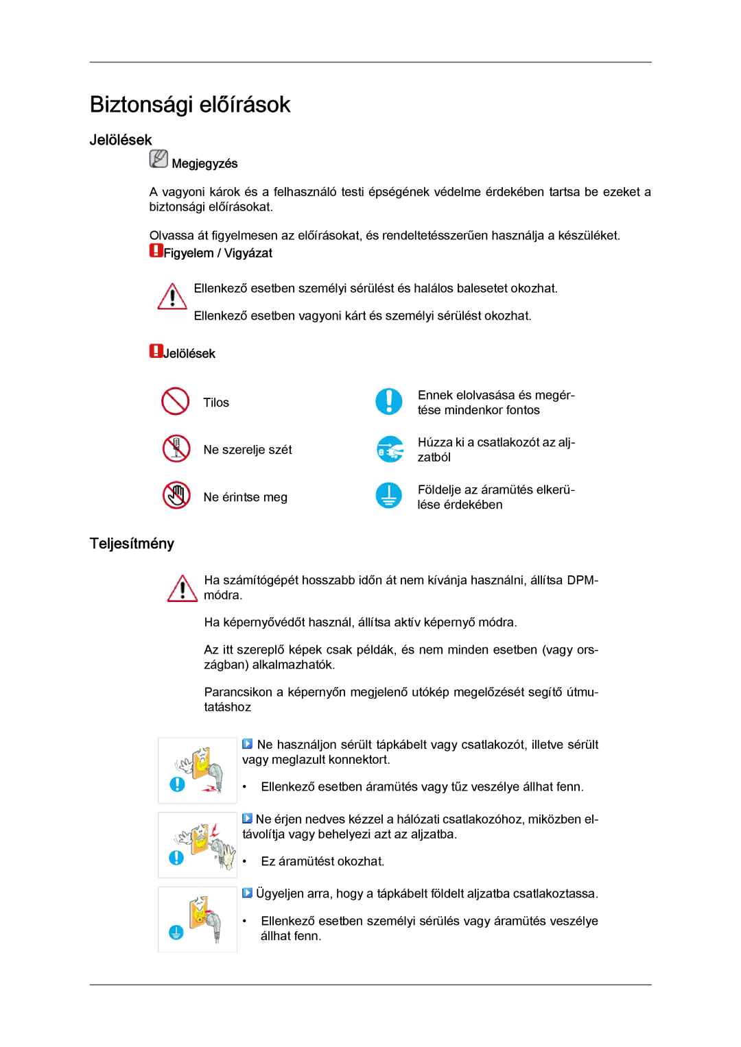 Samsung LS22LFUGF/EN, LS22LFUGFY/EN, LS19LFUGF/EN manual Biztonsági előírások, Jelölések, Teljesítmény 