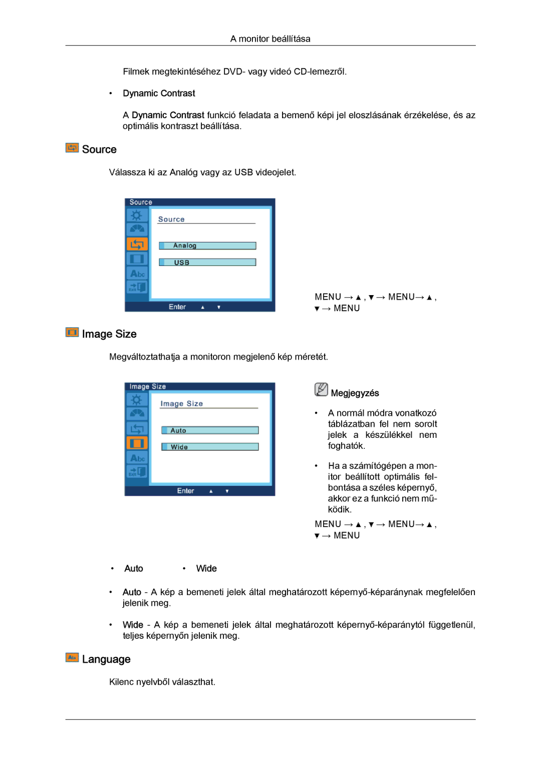 Samsung LS22LFUGF/EN, LS22LFUGFY/EN, LS19LFUGF/EN manual Source, Image Size, Language, Dynamic Contrast, Auto Wide 