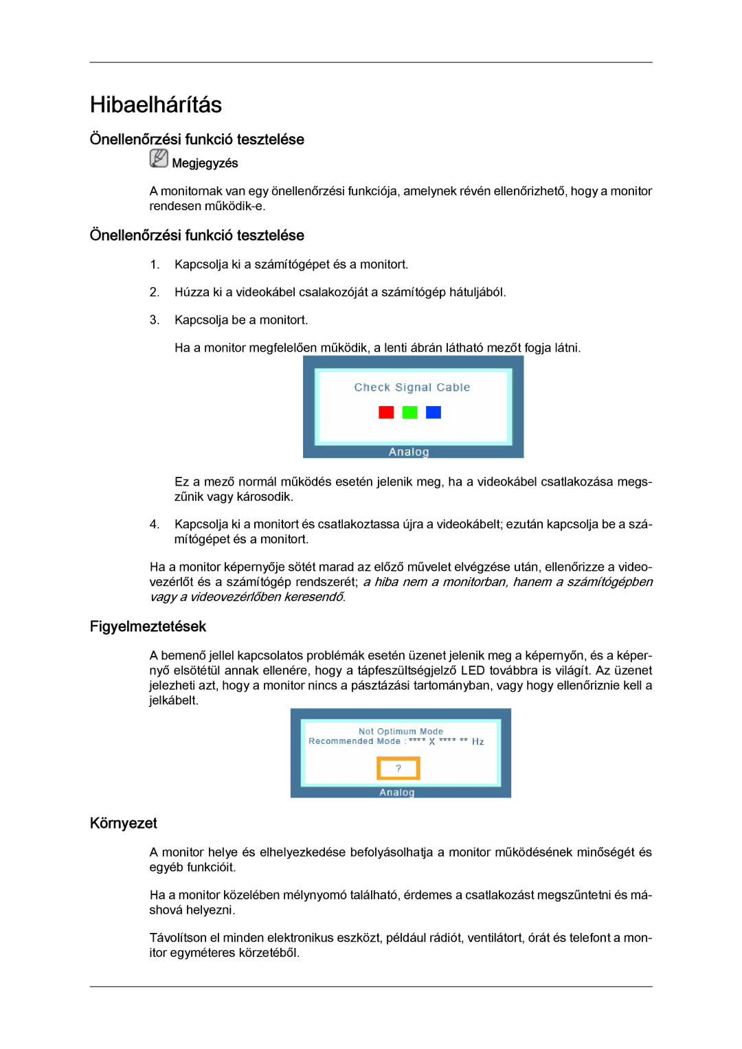 Samsung LS19LFUGF/EN, LS22LFUGFY/EN manual Hibaelhárítás, Önellenőrzési funkció tesztelése, Figyelmeztetések, Környezet 