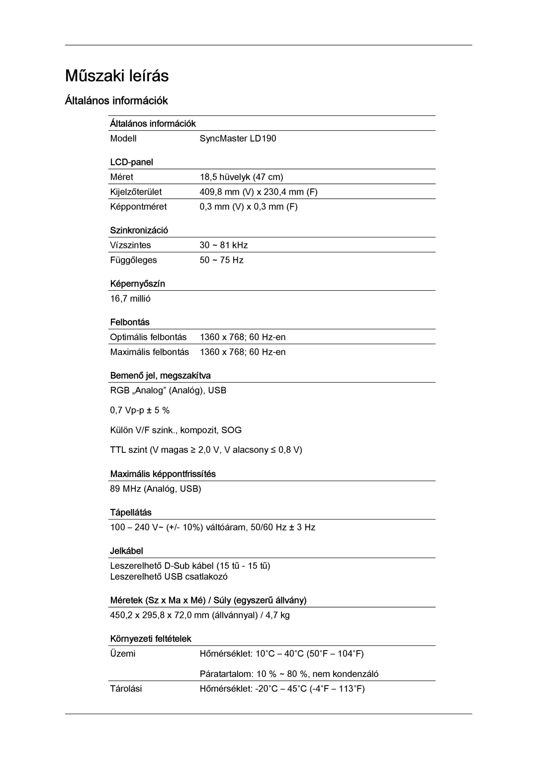 Samsung LS19LFUGF/EN, LS22LFUGFY/EN, LS22LFUGF/EN manual Műszaki leírás, Általános információk 