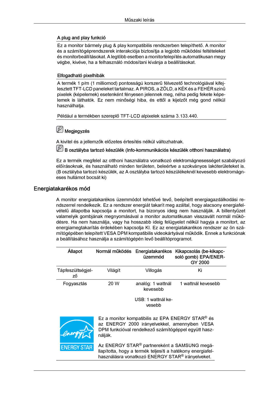 Samsung LS22LFUGF/EN, LS22LFUGFY/EN, LS19LFUGF/EN manual Energiatakarékos mód 