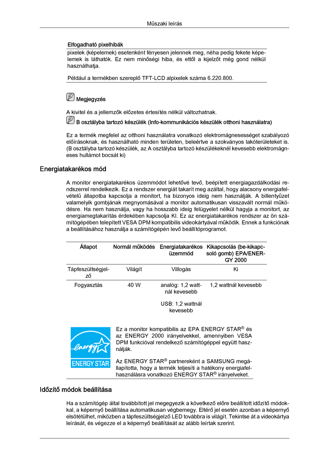 Samsung LS22LFUGF/EN, LS22LFUGFY/EN, LS19LFUGF/EN manual Energiatakarékos mód 