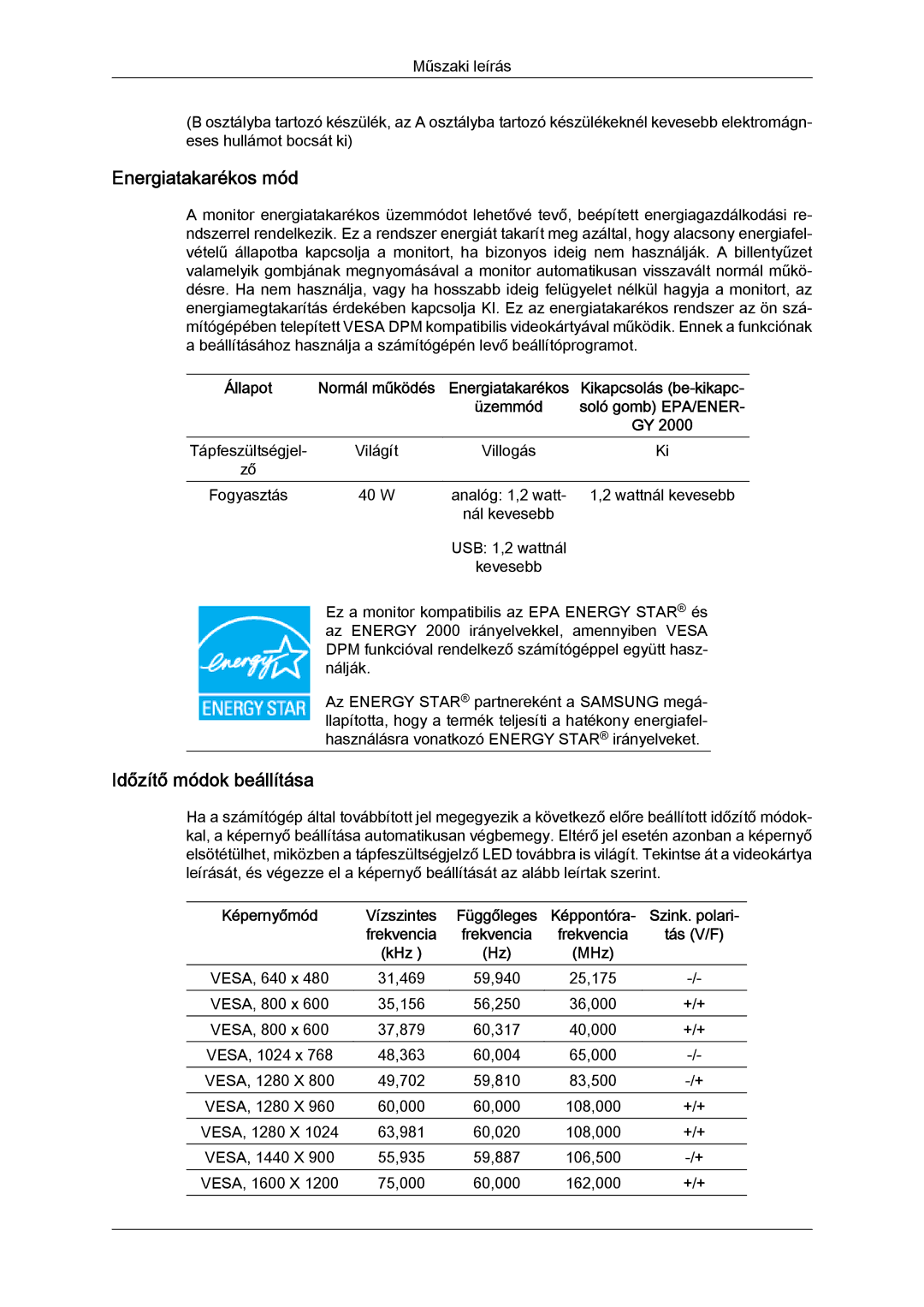 Samsung LS22LFUGF/EN, LS22LFUGFY/EN, LS19LFUGF/EN manual Energiatakarékos mód, Tás V/F KHz MHz 