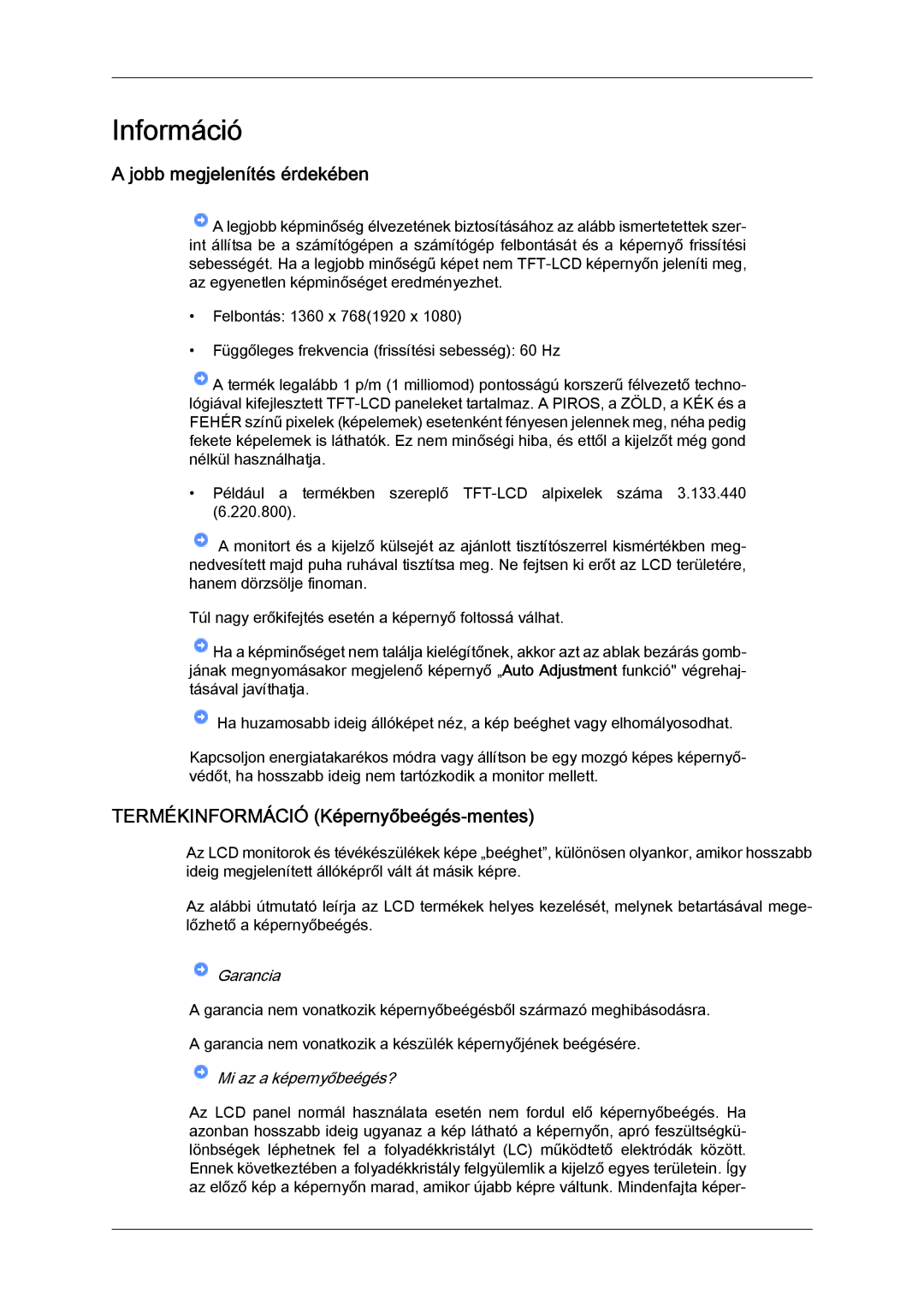 Samsung LS19LFUGF/EN, LS22LFUGFY/EN manual Információ, Jobb megjelenítés érdekében, Termékinformáció Képernyőbeégés-mentes 