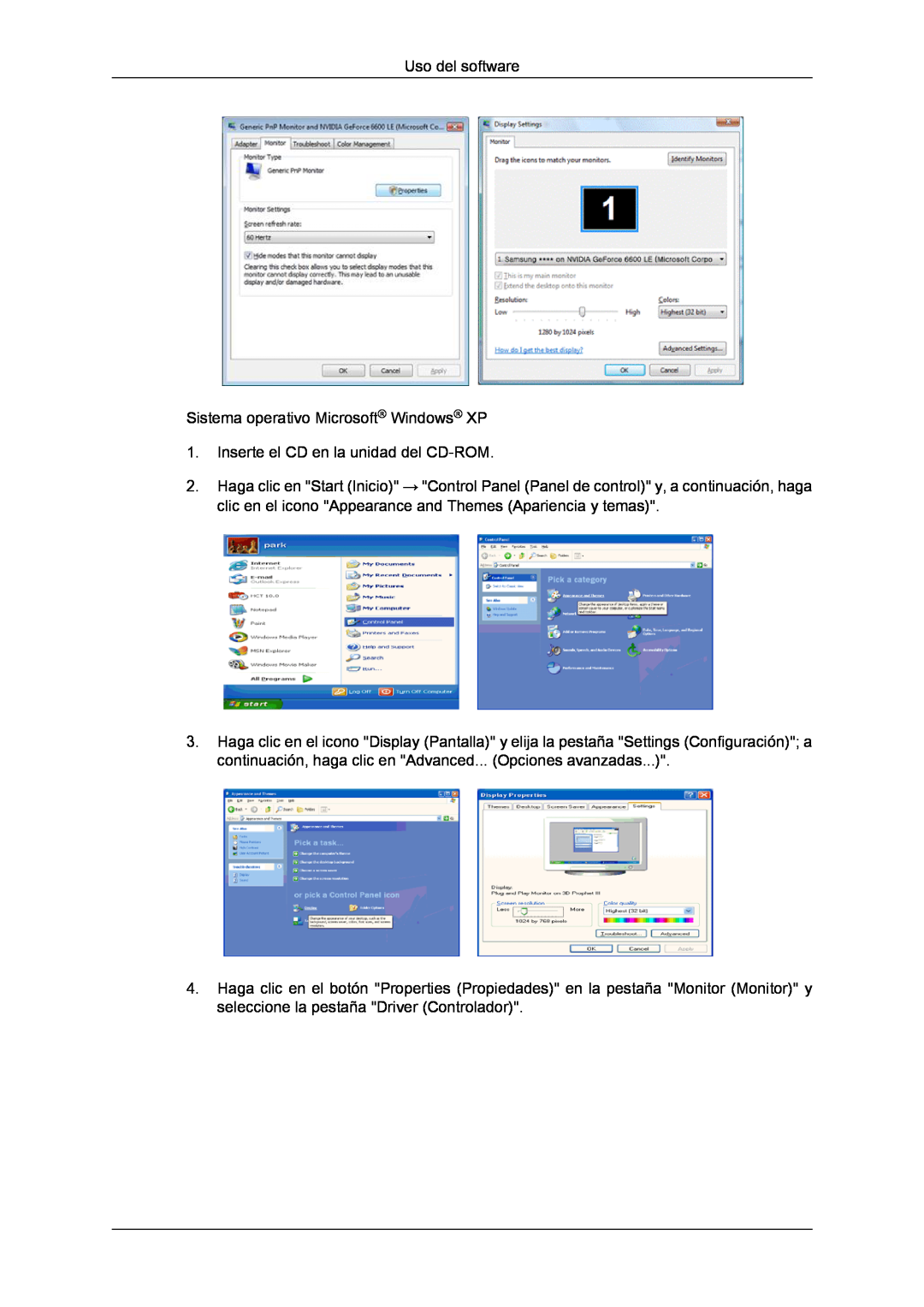 Samsung LS22LFUGF/EN manual Uso del software Sistema operativo Microsoft Windows XP, Inserte el CD en la unidad del CD-ROM 