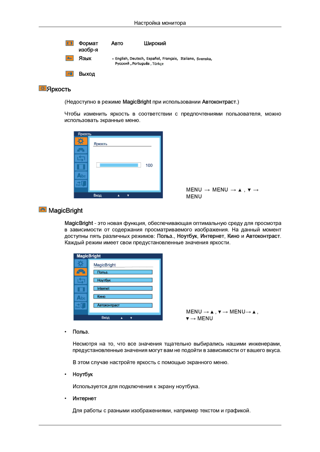 Samsung LS22LFUGF/CI, LS22LFUGFY/EN, LS22LFUGF/EN manual MagicBright, Формат Авто Широкий изобр-я Язык Выход, Интернет 