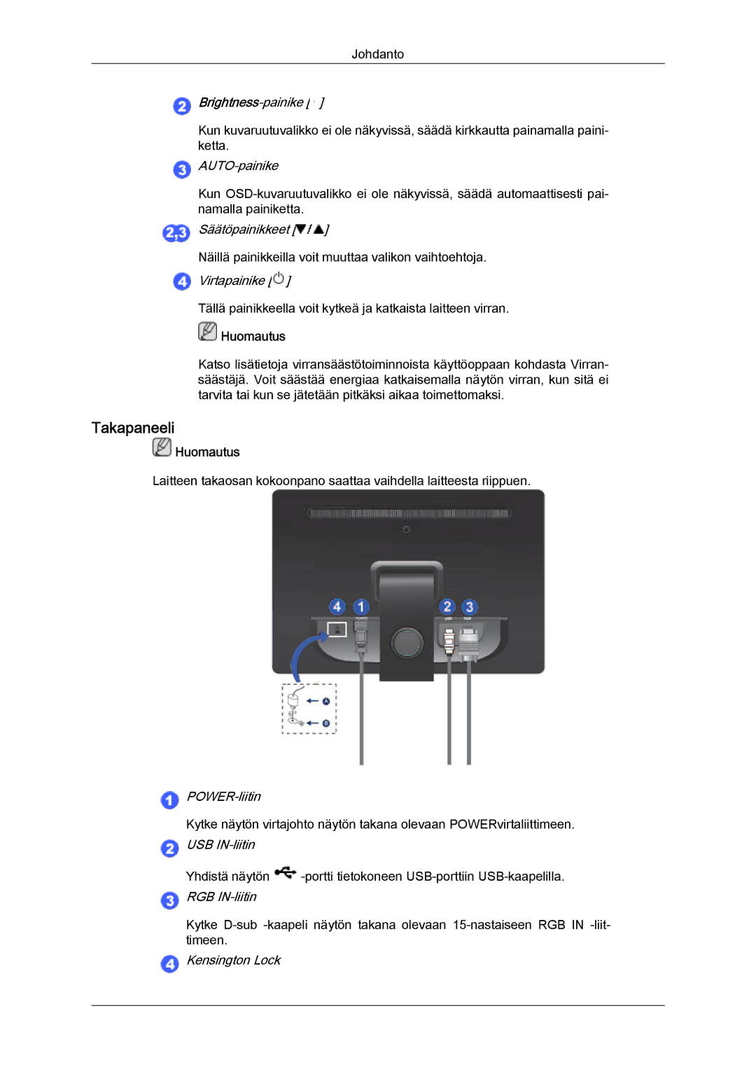 Samsung LS22LFUGF/EN, LS22LFUGFY/EN manual Takapaneeli, Brightness-painike 