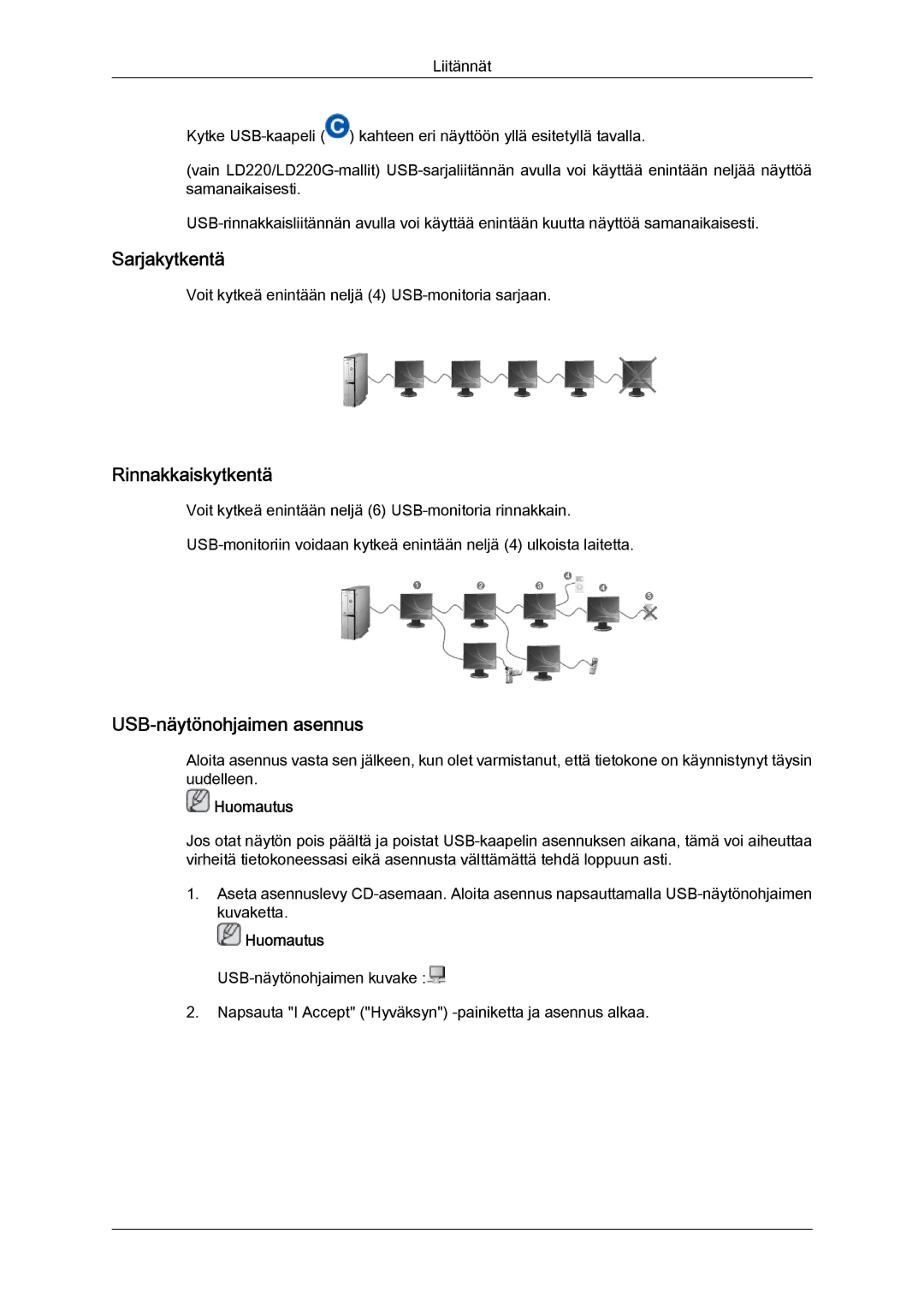 Samsung LS22LFUGF/EN Sarjakytkentä, Rinnakkaiskytkentä, USB-näytönohjaimen asennus, Huomautus USB-näytönohjaimen kuvake 