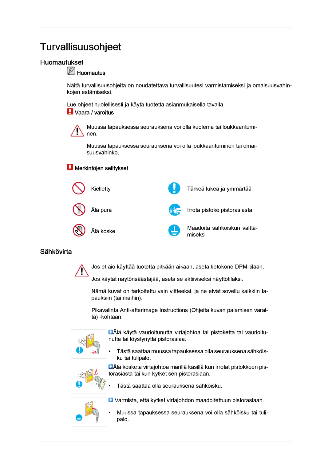 Samsung LS22LFUGFY/EN, LS22LFUGF/EN manual Turvallisuusohjeet, Huomautukset, Sähkövirta 