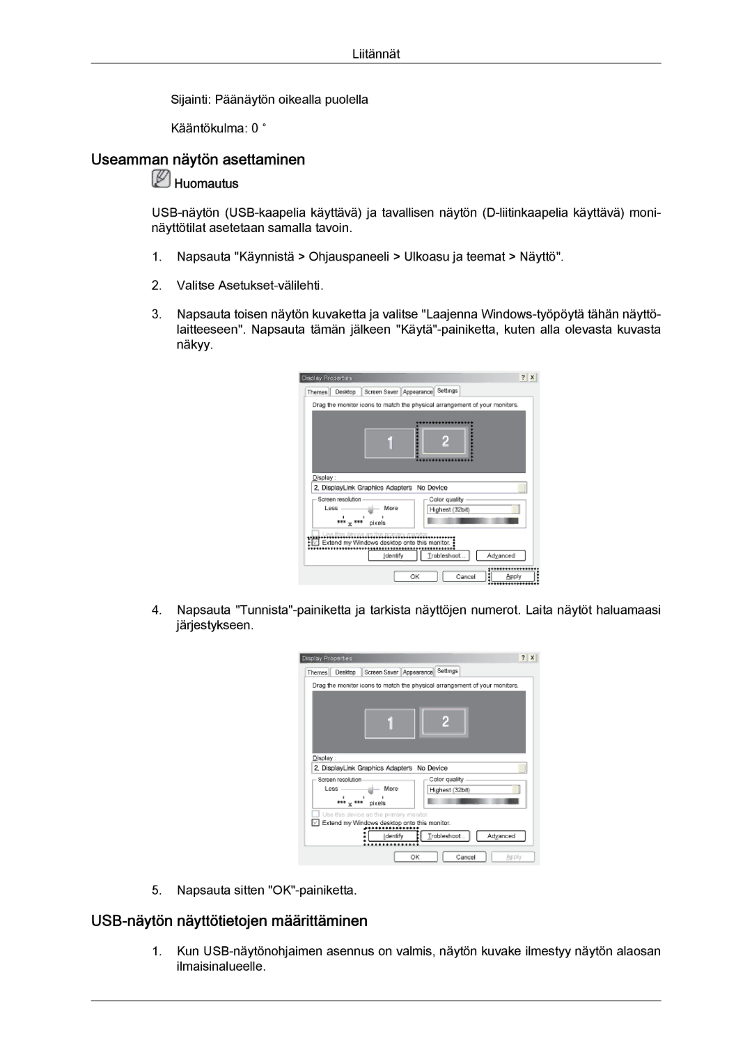 Samsung LS22LFUGF/EN, LS22LFUGFY/EN manual Useamman näytön asettaminen, USB-näytön näyttötietojen määrittäminen 