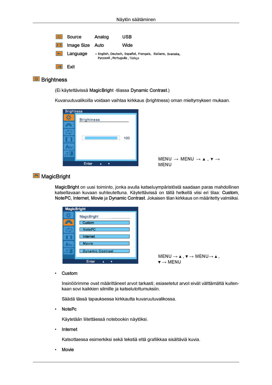 Samsung LS22LFUGF/EN, LS22LFUGFY/EN manual MagicBright, Source Analog USB Image Size Auto Wide Language Exit, Custom 