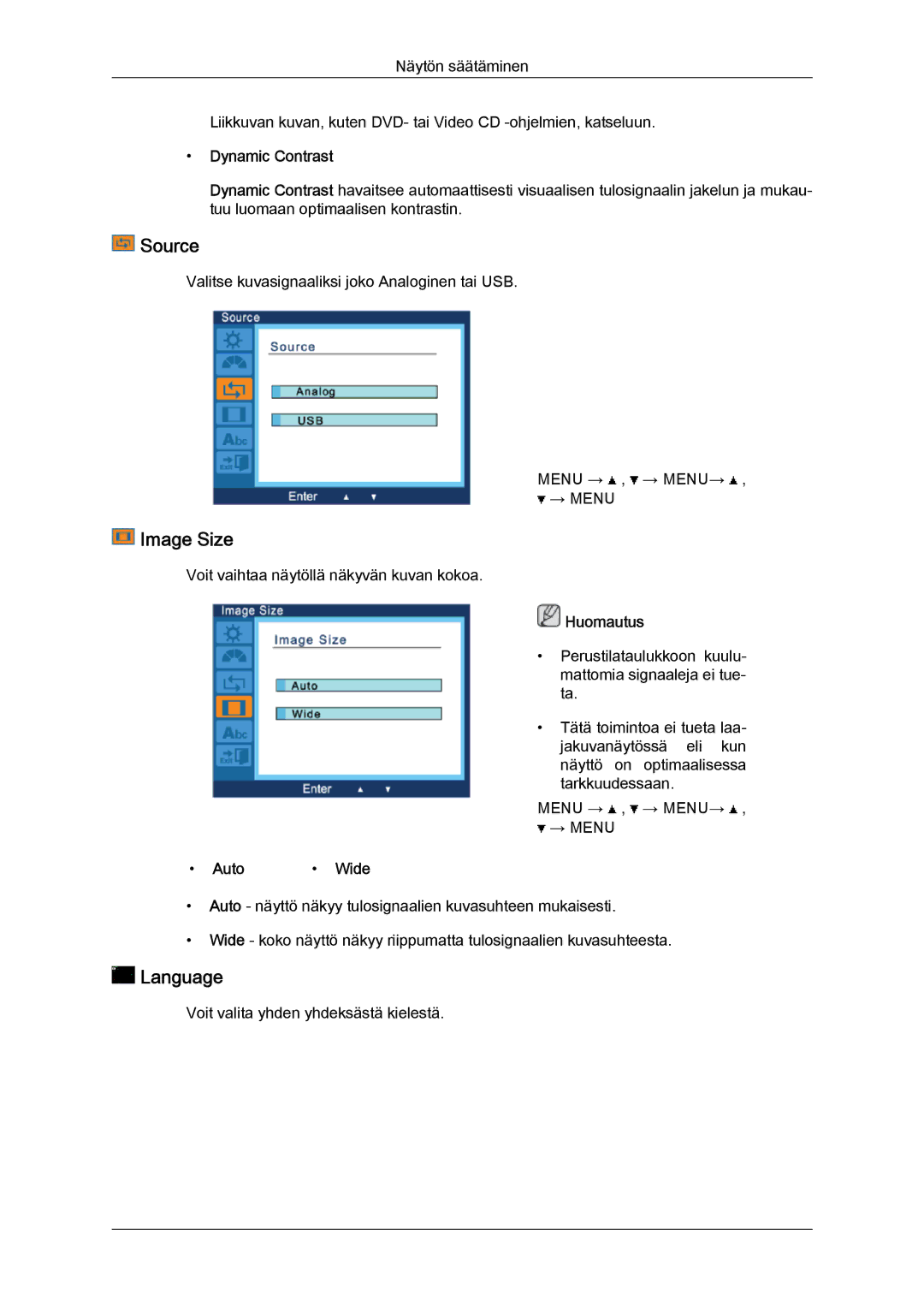 Samsung LS22LFUGFY/EN, LS22LFUGF/EN manual Source, Image Size, Language, Dynamic Contrast, Auto Wide 