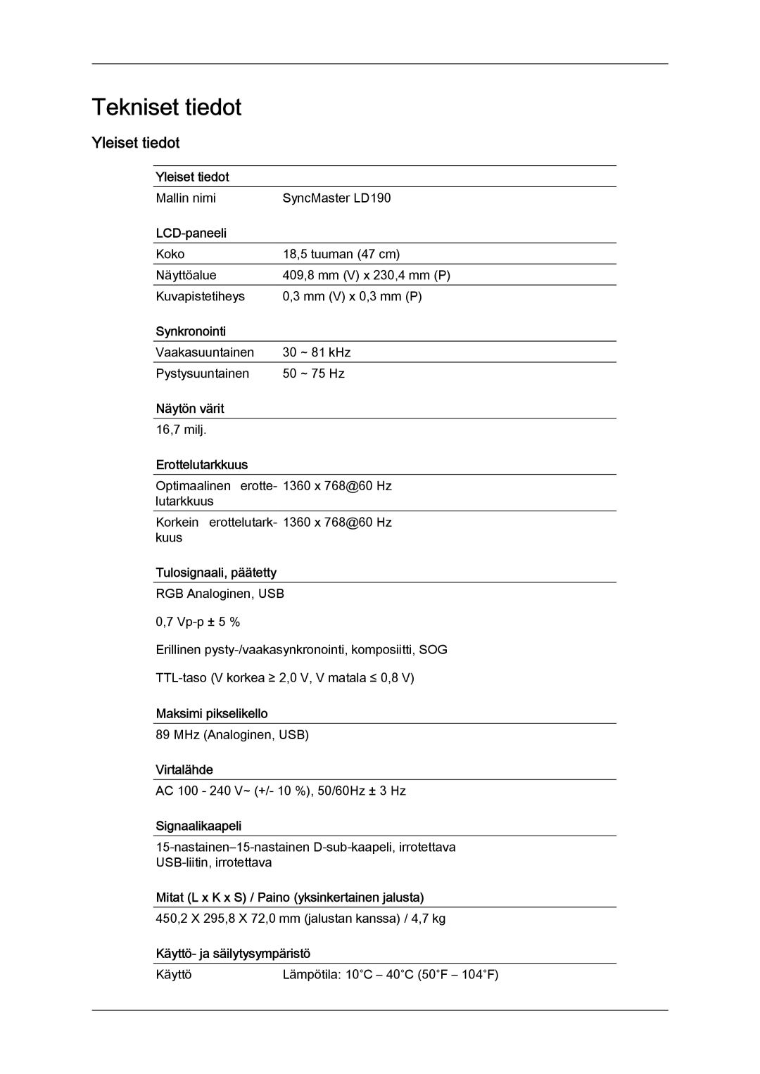 Samsung LS22LFUGF/EN, LS22LFUGFY/EN manual Tekniset tiedot, Yleiset tiedot 